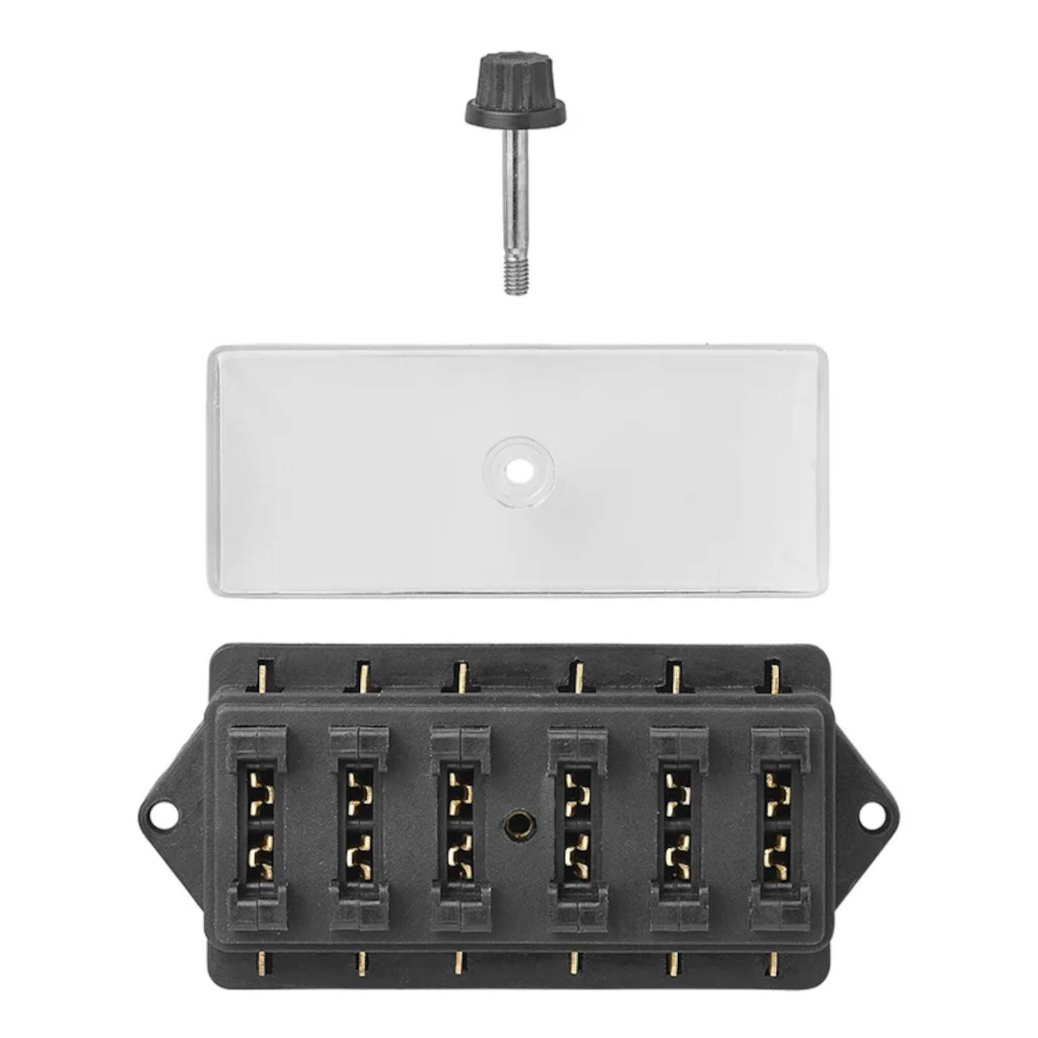 Ein Kippschaltertafel mit sechs Schlitzen, einer durchsichtigen Abdeckung mit einer Befestigungsschraube und einem Knopf zum Sichern der Abdeckung.