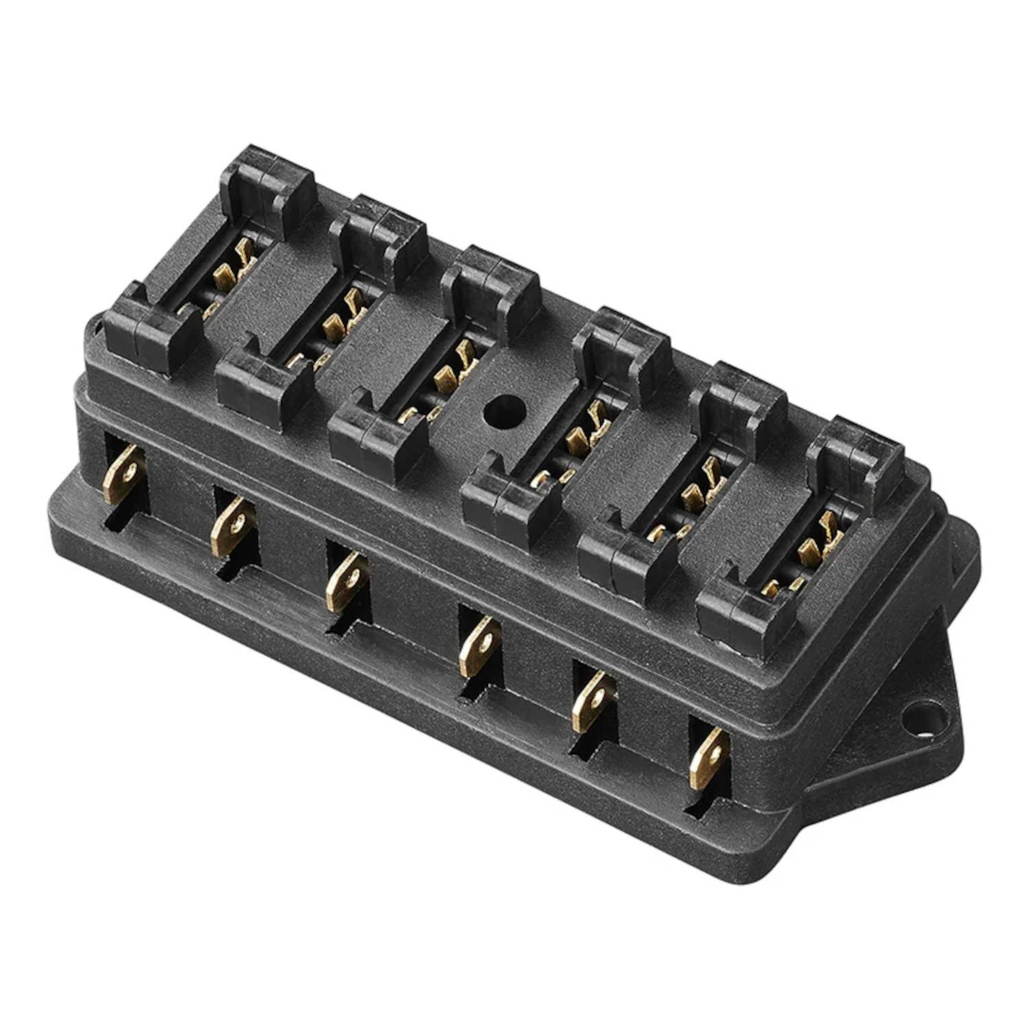 Ein schwarzer, sechskreisiger Sicherungshalter mit sichtbaren Metallkontakten und Befestigungslöchern, der zum Sichern und Organisieren elektrischer Sicherungen verwendet wird.