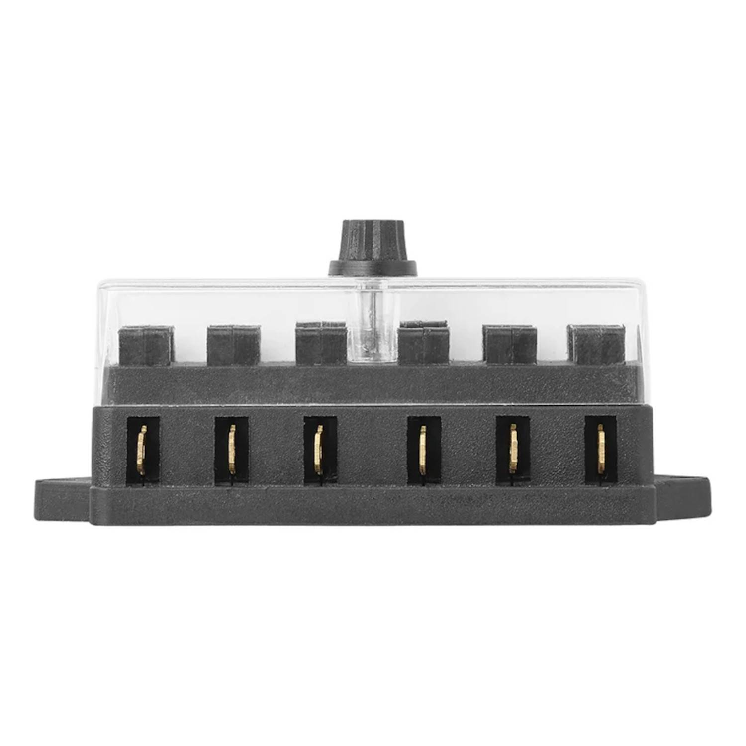 Ein schwarzer elektrischer Stecker mit sechs vergoldeten Kontakten in einer Reihe, der von einer transparenten Kunststoffhülle umschlossen ist.