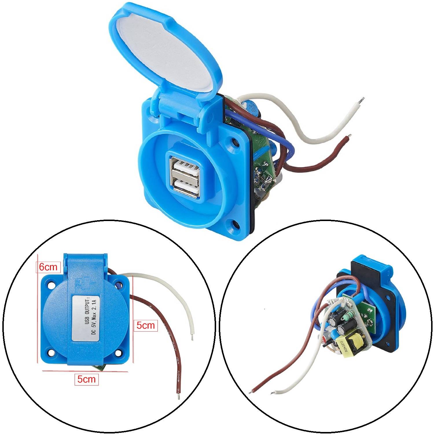 Blaues USB-Sockelmodul mit offener Abdeckung, von vorne und hinten dargestellt. Abmessungen: 6 cm Höhe, 5 cm Breite.