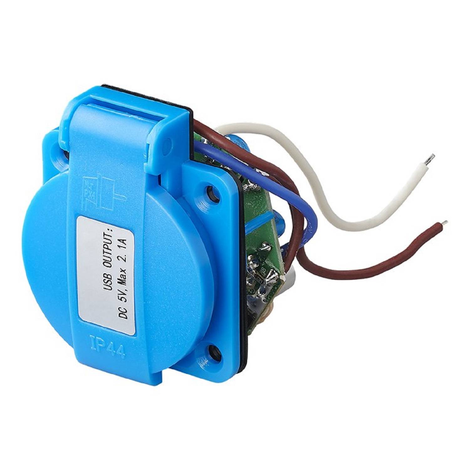 Eine blaue USB-Wandsteckdose mit freiliegenden Kabeln, beschriftet mit 'DC 5V, Max 2.1A'.