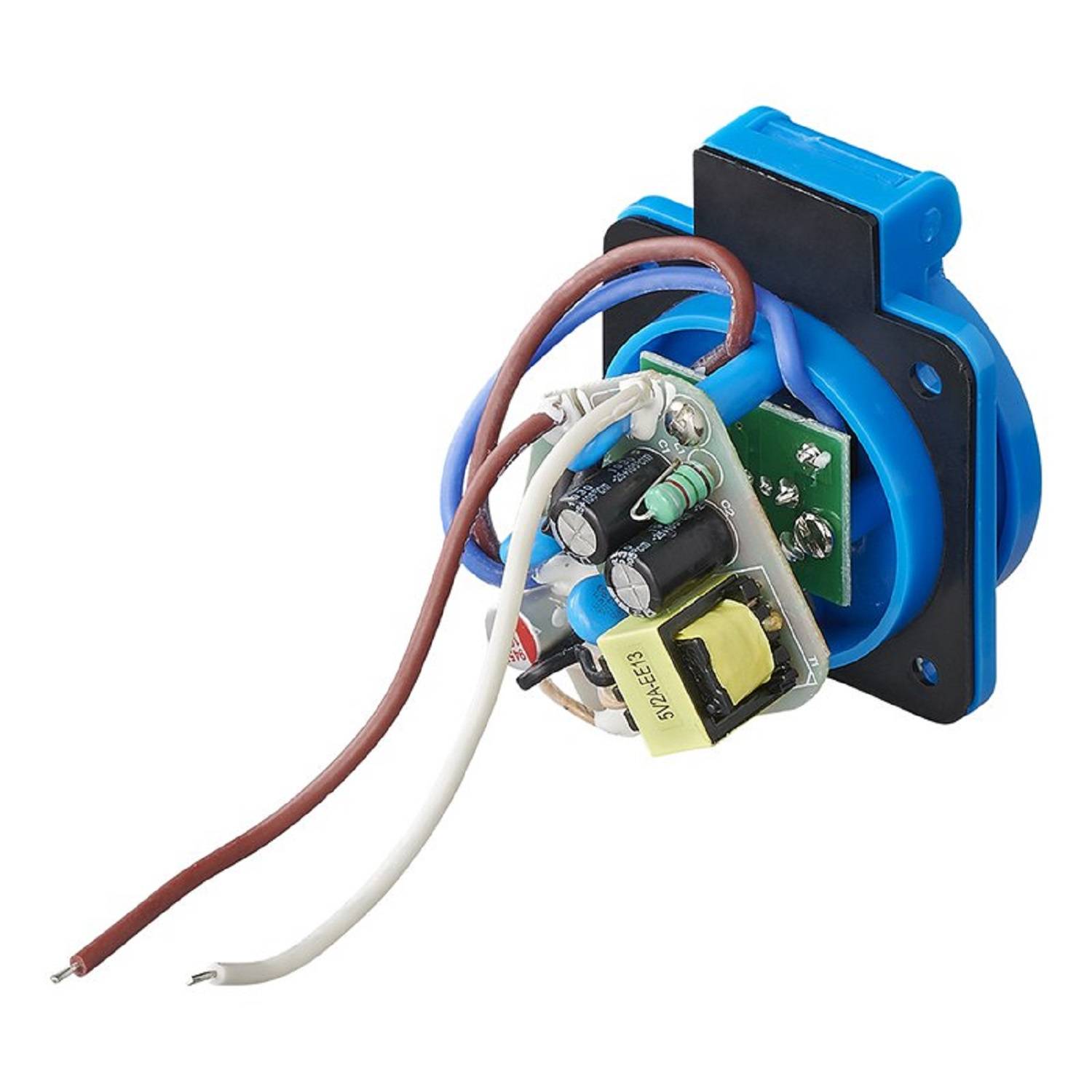 Blauer elektromagnetischer Relais mit freiliegenden Leitungen und Komponenten, einschließlich Kondensatoren und eines Transformators, verwendet für elektrische Schaltungen.