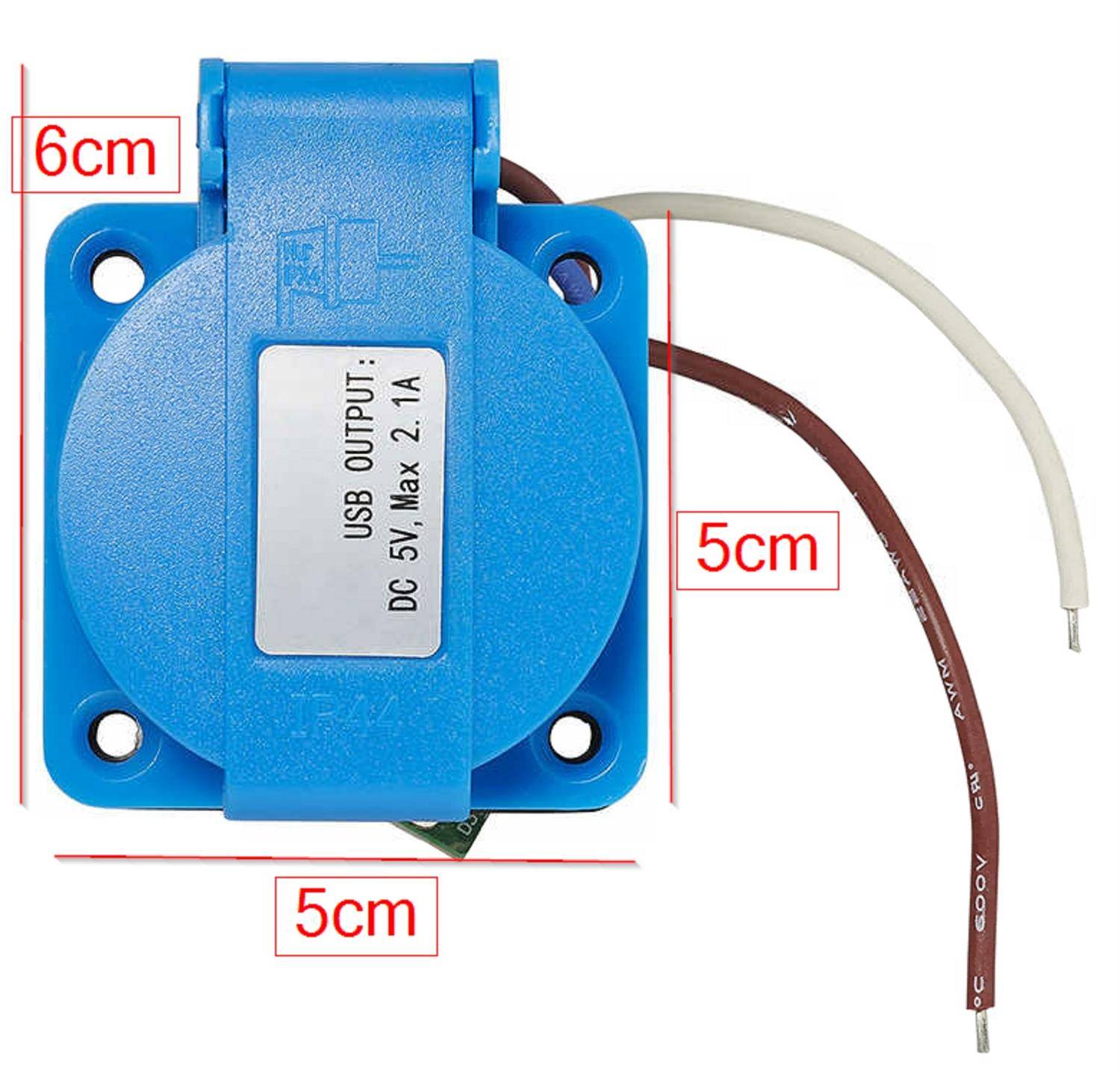 Ein blaues USB-Ausgabegerät mit Abmessungen von 6 cm Höhe, 5 cm Breite. Es verfügt über Kabelanschlüsse und ist mit der Kennzeichnung 