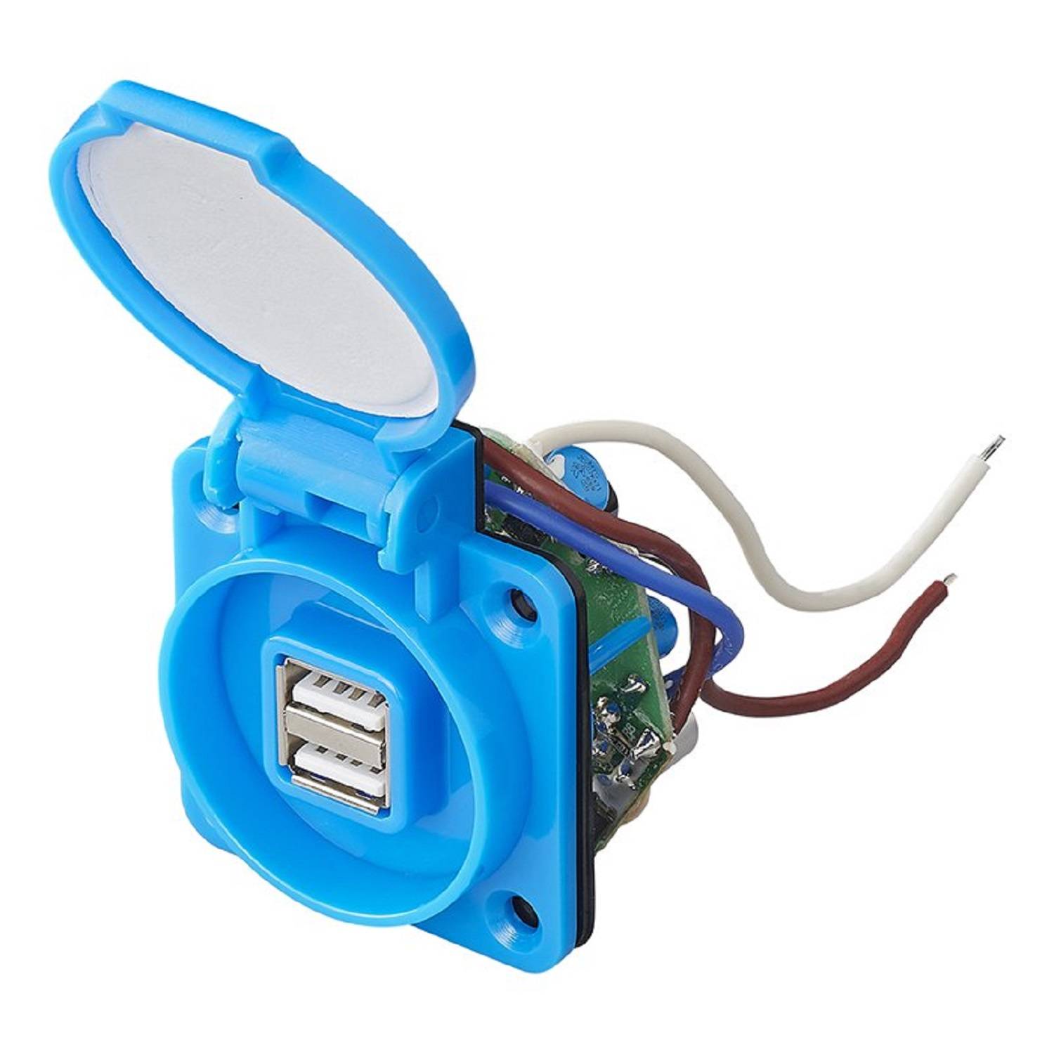 Eine blaue Einbau-USB-Buchse mit zwei USB-Anschlüssen und offener Abdeckung, die angeschlossene rote, weiße und blaue Kabel für elektrische Verbindungen zeigt.