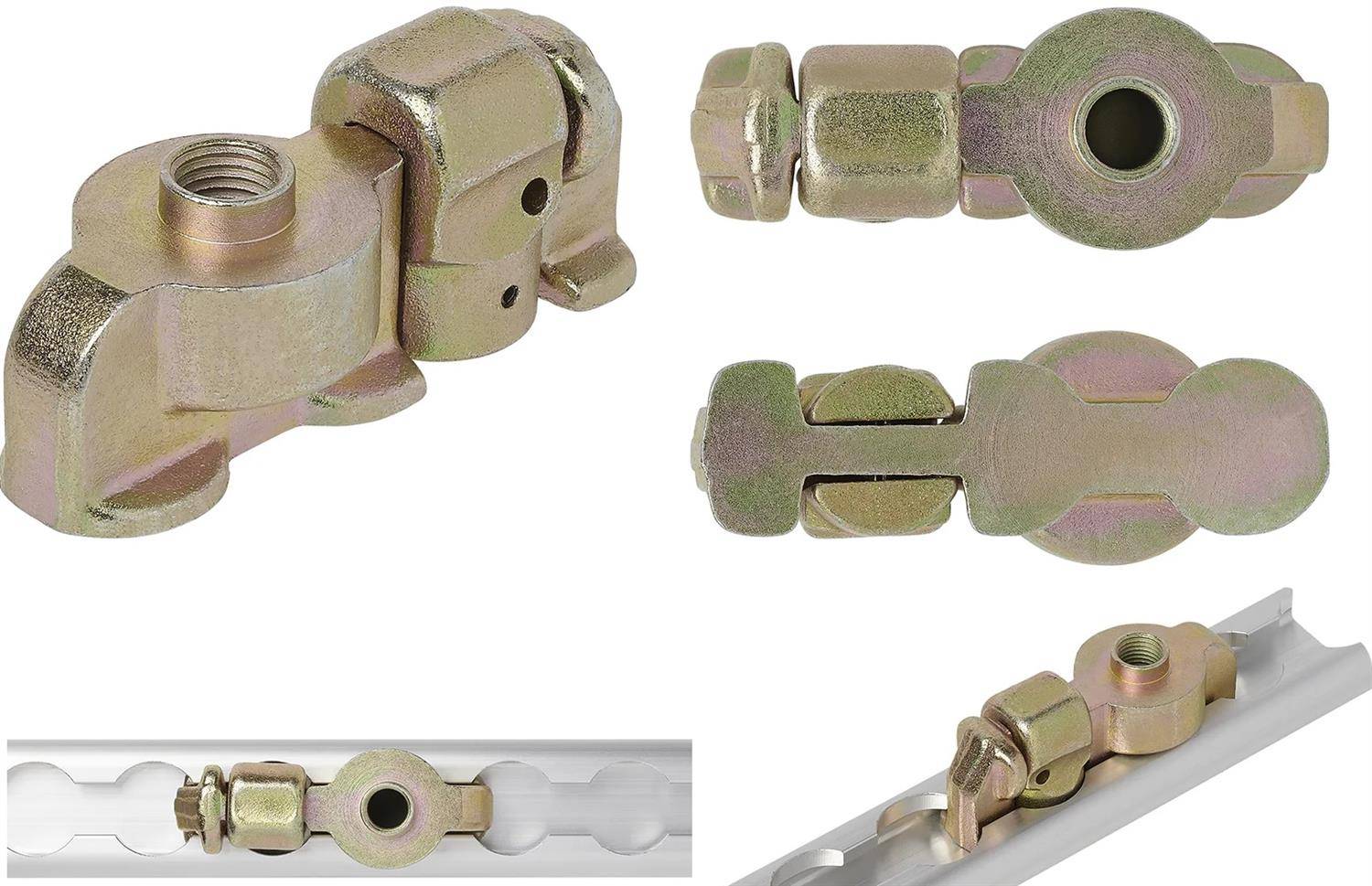 Eine Metallscharnierkomponente, die in verschiedenen Winkeln und Positionen dargestellt wird, wobei ihre strukturellen Details und Befestigungsmechanismen hervorgehoben werden.