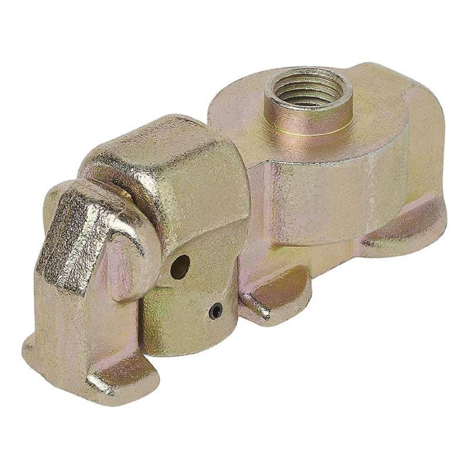 Eine Messing-Rohrklemme mit Gewindebohrung, aus einem Winkel betrachtet, die ihre robuste Bauweise für sanitäre oder industrielle Anwendungen zeigt.