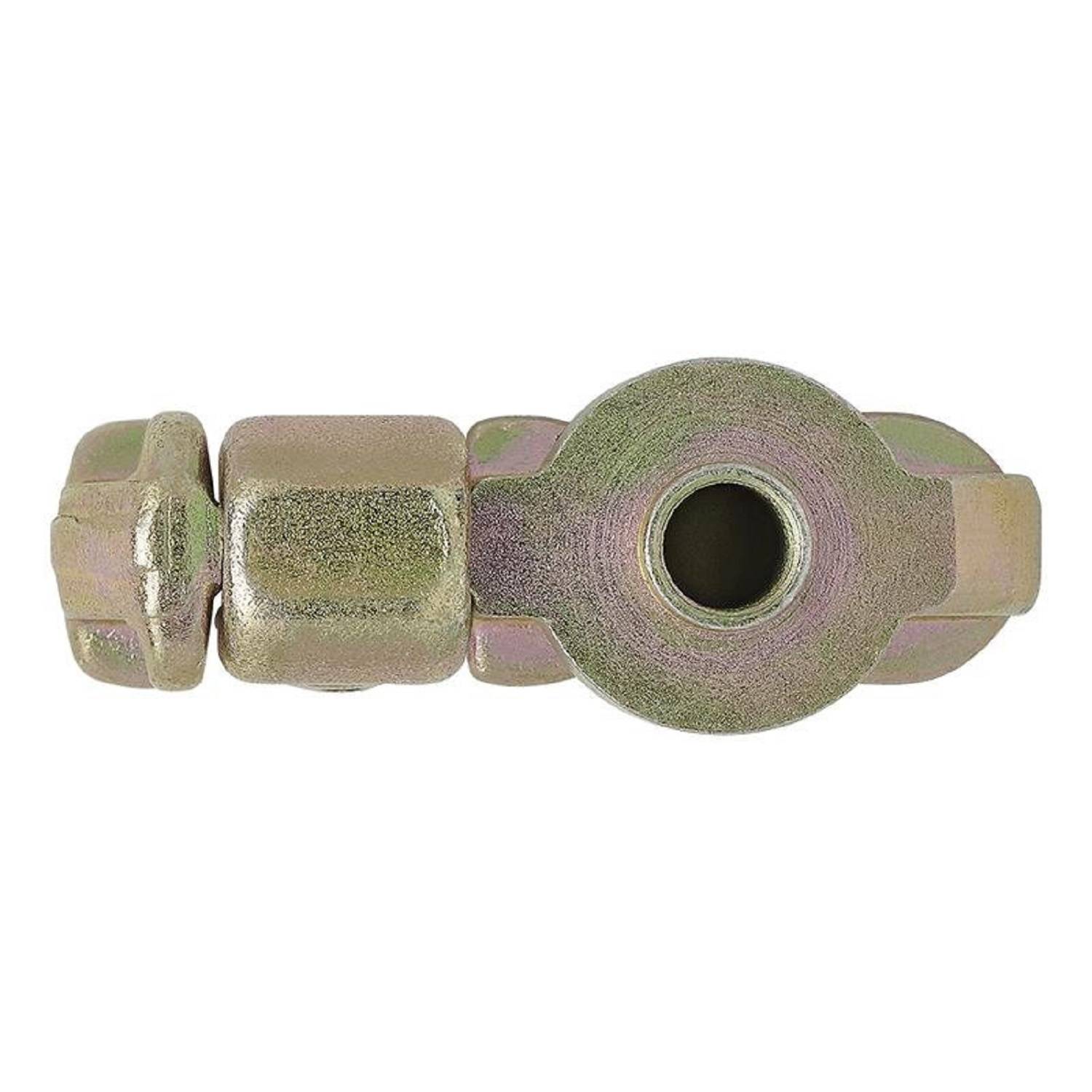 Nahaufnahme einer metallischen hydraulischen Armatur mit einer zylindrischen Öffnung, die ihre strukturierte Oberfläche und sechseckige Form für eine sichere Befestigung zeigt.