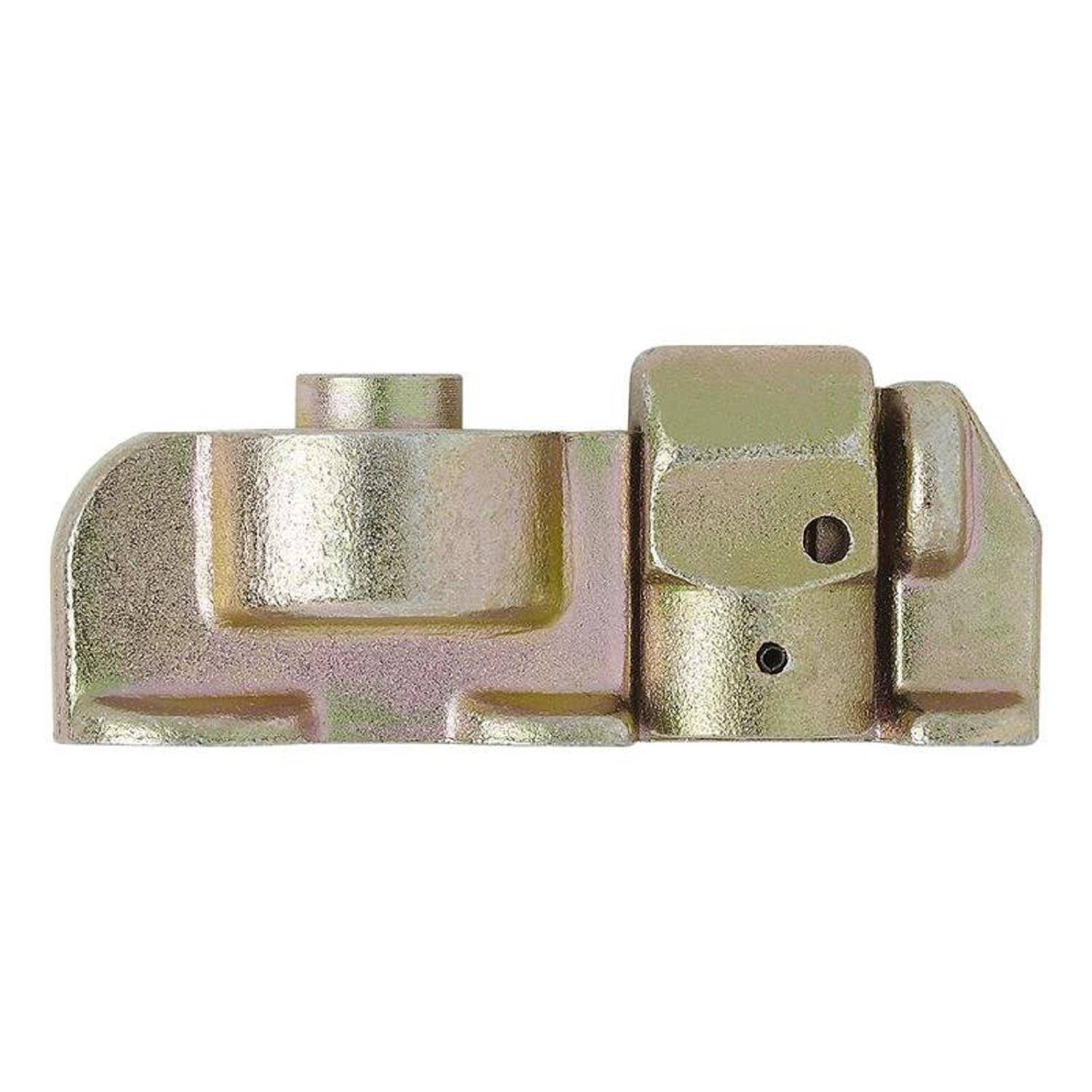 Ein metallisches mechanisches Teil mit rechteckiger Grundfläche und zylindrischem Vorsprung, möglicherweise für Industriemaschinen oder Kraftfahrzeuge.