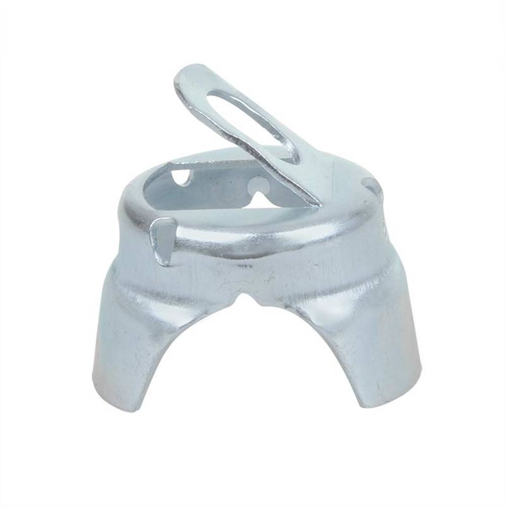 Silberne Metallhalterung mit einer kreisförmigen Basis und einer verlängerten Schlaufe oben, möglicherweise zum Befestigen oder Abstützen von Gegenständen verwendet.