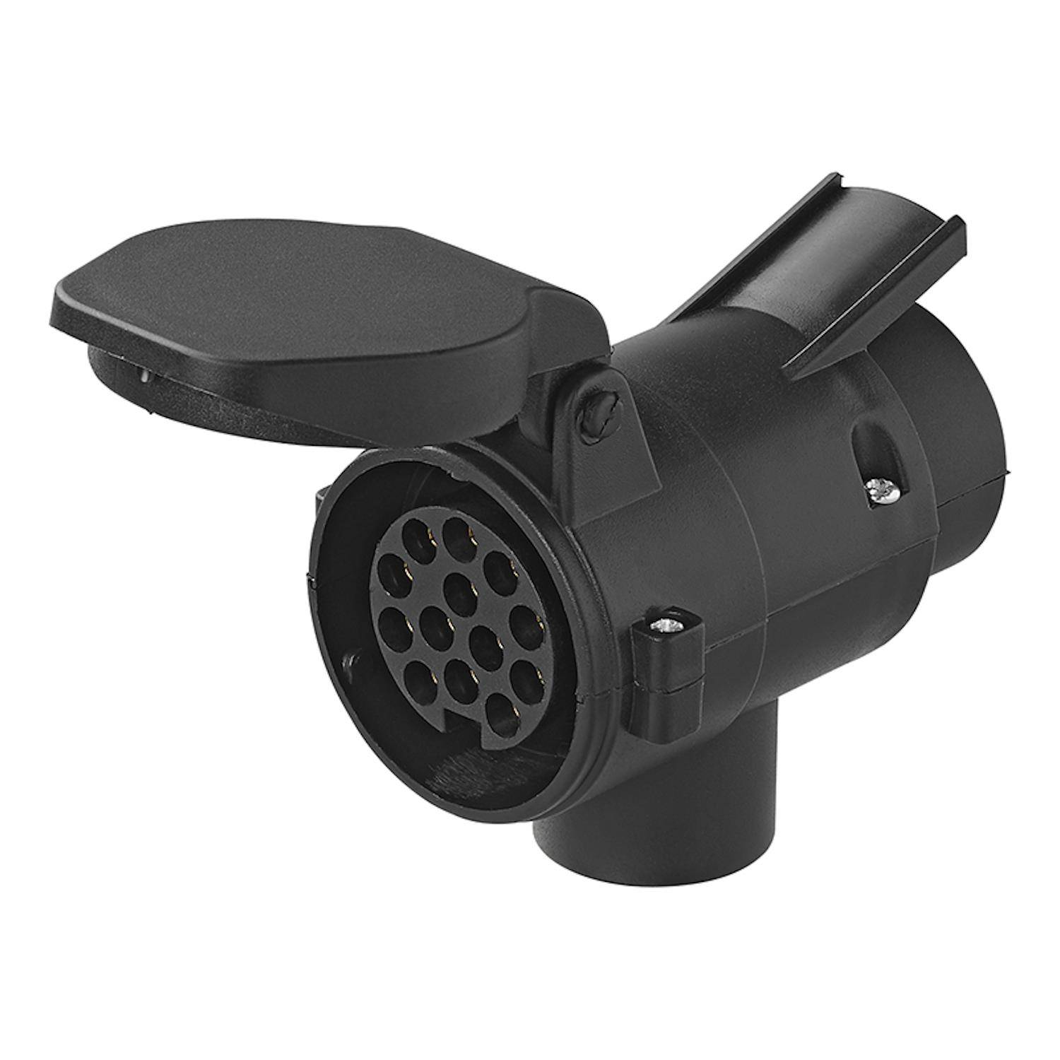 Ein schwarzer Kunststoff-Anhängerstecker-Sockel mit einer Klappdose, der entwickelt wurde, um Fahrzeug-Elektrik mit einem Anhänger zu verbinden und mehrere Stiftlöcher aufweist.