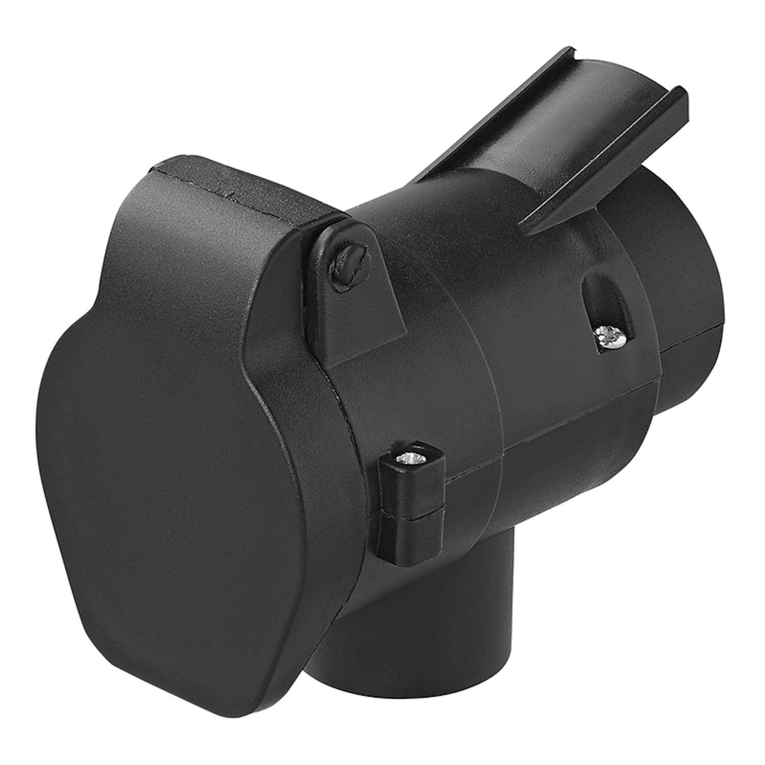 Ein schwarzer Kunststoff-Anhänger-Elektrostecker mit einem zylindrischen Körper und einem rechteckigen Oberteil, der für Fahrzeug-Verdrahtungssysteme verwendet wird.