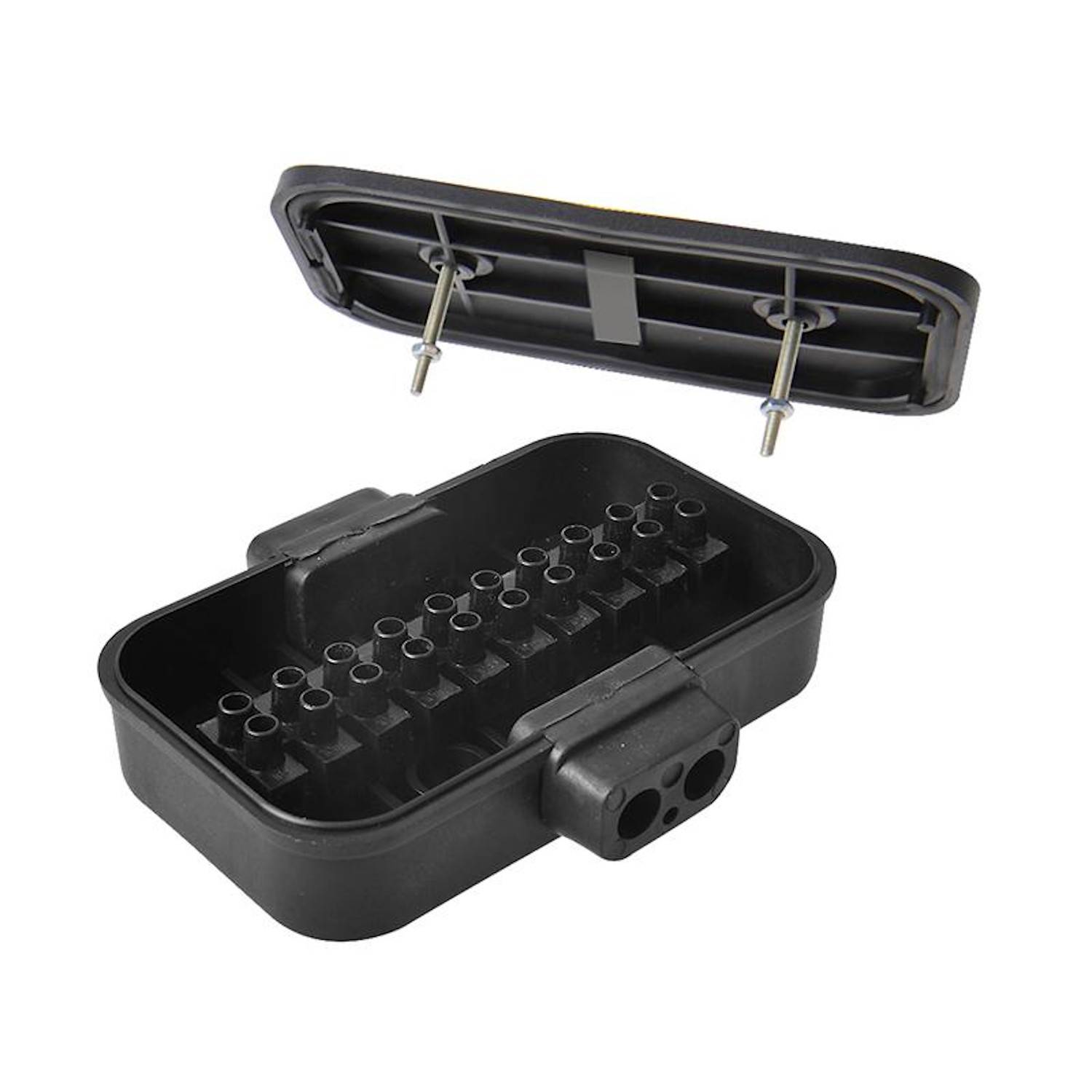 Eine rechteckige schwarze Verteilerdose mit abnehmbarem Deckel, die mehrere Schraubklemmen für elektrische Anschlüsse aufweist, geöffnet dargestellt.