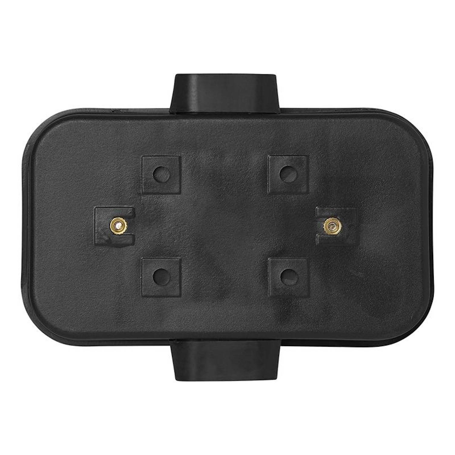 Rechteckiges schwarzes Plastikbauteil mit abgerundeten Kanten und zwei Metallverbindern, möglicherweise eine Komponente oder ein Deckel, horizontal ausgerichtet.