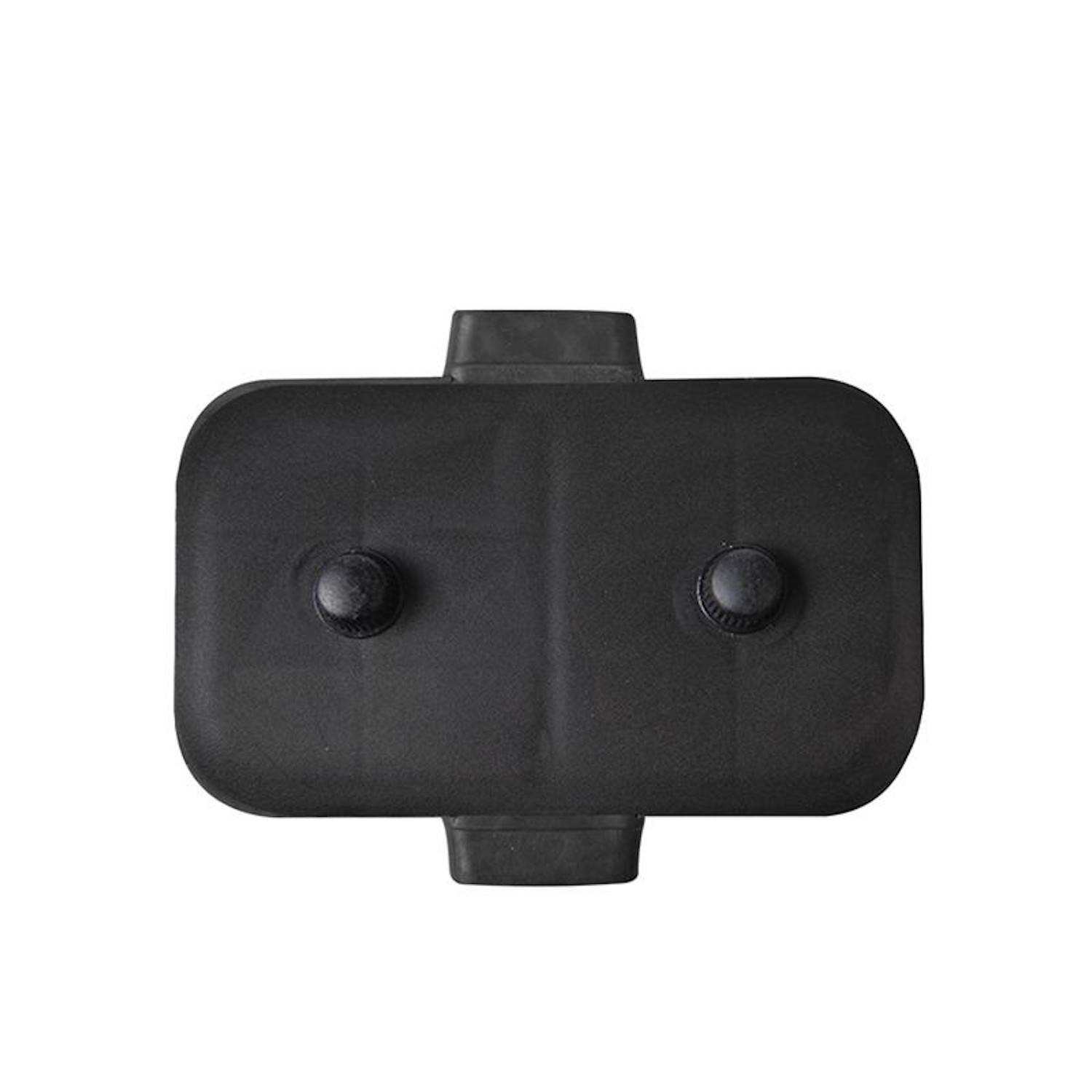 Ein schwarzes, rechteckiges Objekt, von oben betrachtet, mit zwei kreisförmigen Vorsprüngen in der Mitte, die ähnlich wie Knöpfe aussehen.