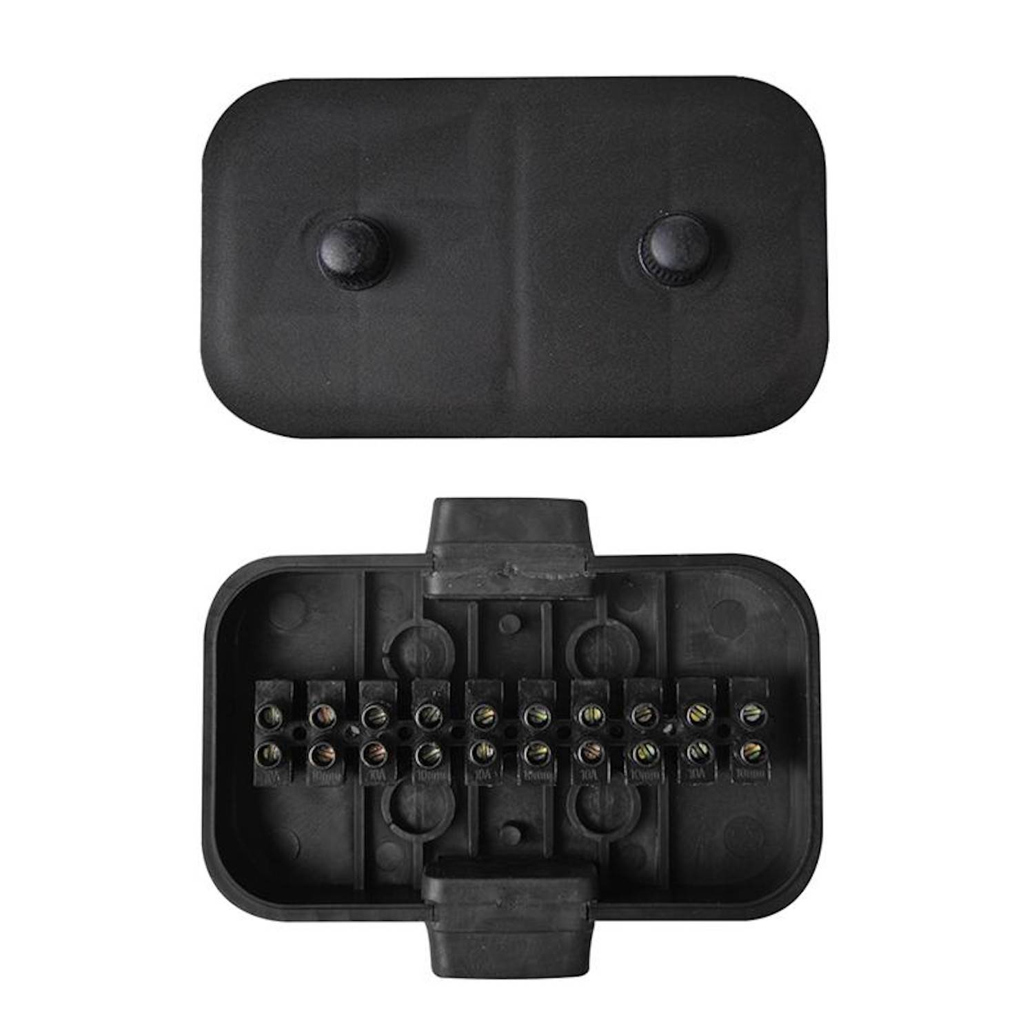 Schwarze elektrische Verteilerdose mit mehreren Anschlüssen im Inneren.