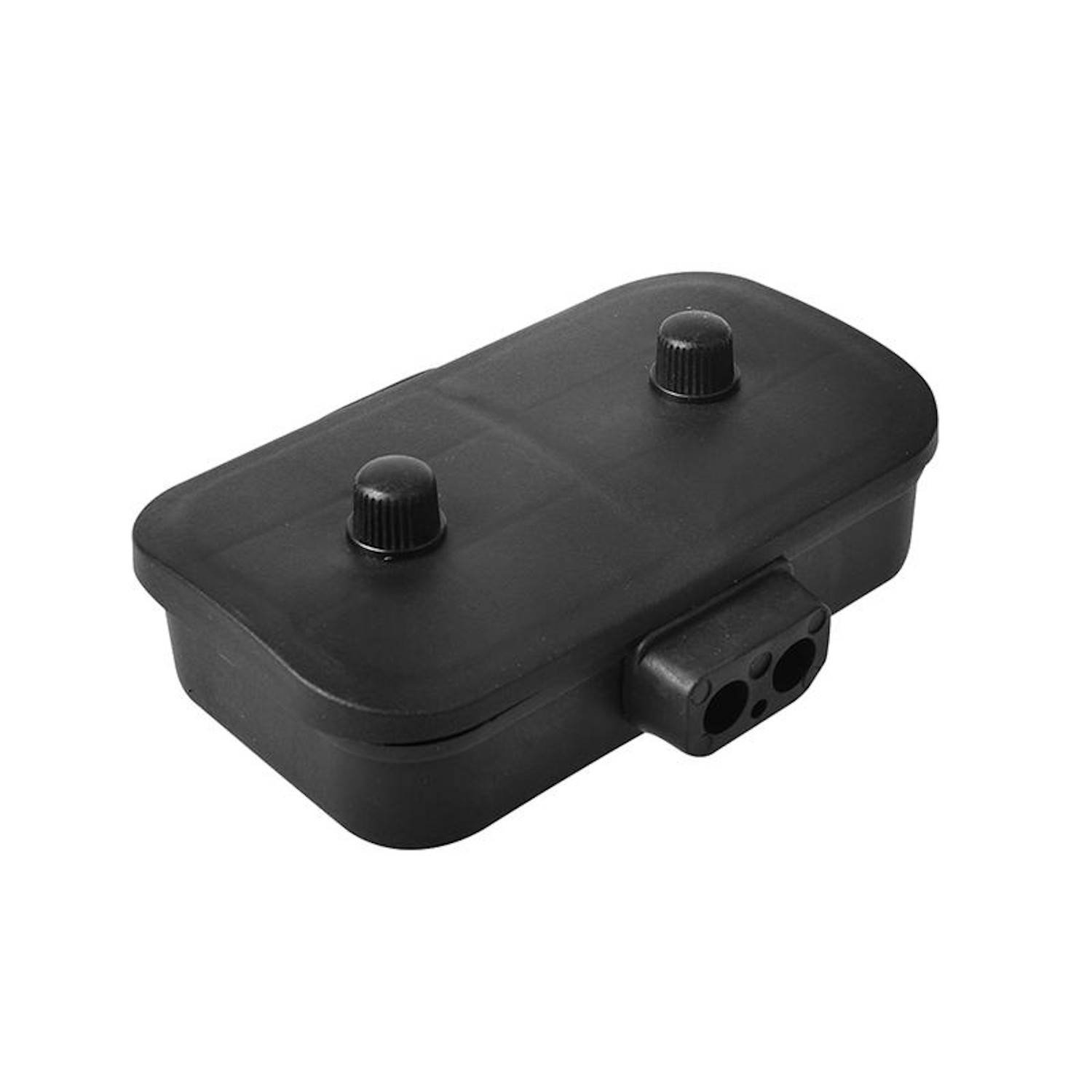 Ein schwarzer rechteckiger Plastikbehälter mit zwei Knöpfen oben, der wie ein Ersatzfilter für einen Lötrauch-Absorber für elektronische Arbeiten aussieht.