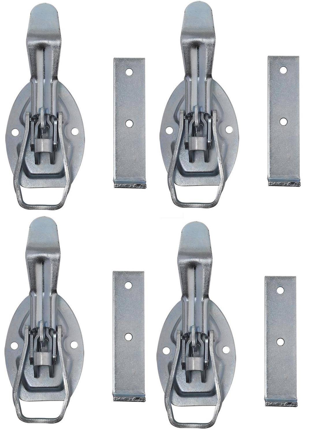 Sechs metallene Kippverschlüsse, angeordnet in zwei Reihen. Jeder Verschluss ist mit einer separaten Metallplatte gepaart. Die Verschlüsse sind silbern und vertikal ausgerichtet.