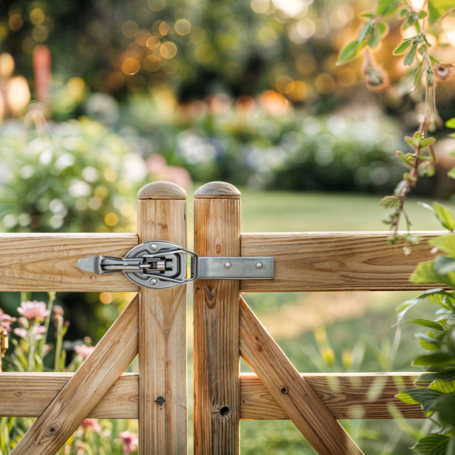 Ein hölzernes Gartentor mit einem Metallriegel, umgeben von verschwommener Grünanlage und Blumen, was eine friedliche Gartenszene andeutet.