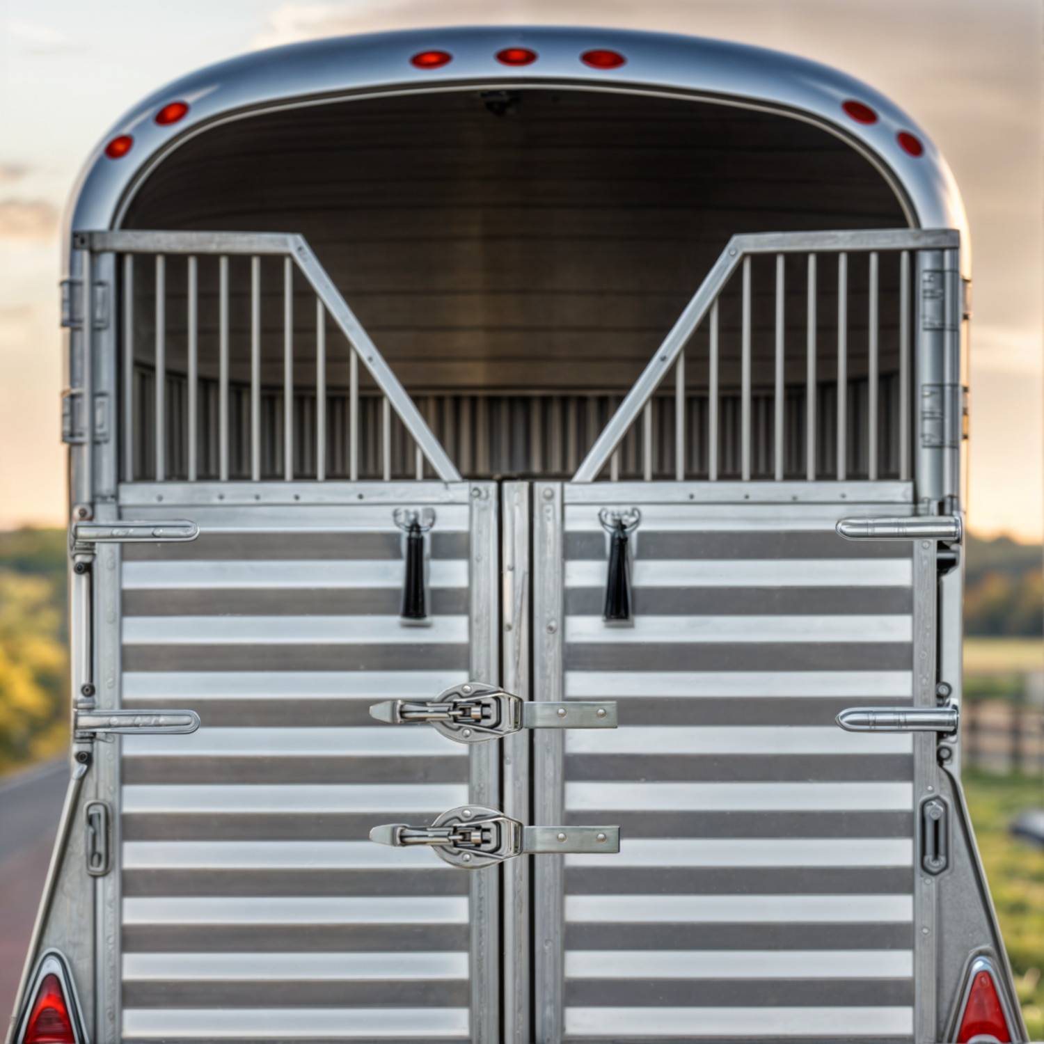 Ein silberner Viehanhänger mit geschlossenen Hecktüren steht bei Sonnenuntergang auf einer Straße, mit ländlicher Szenerie im Hintergrund.