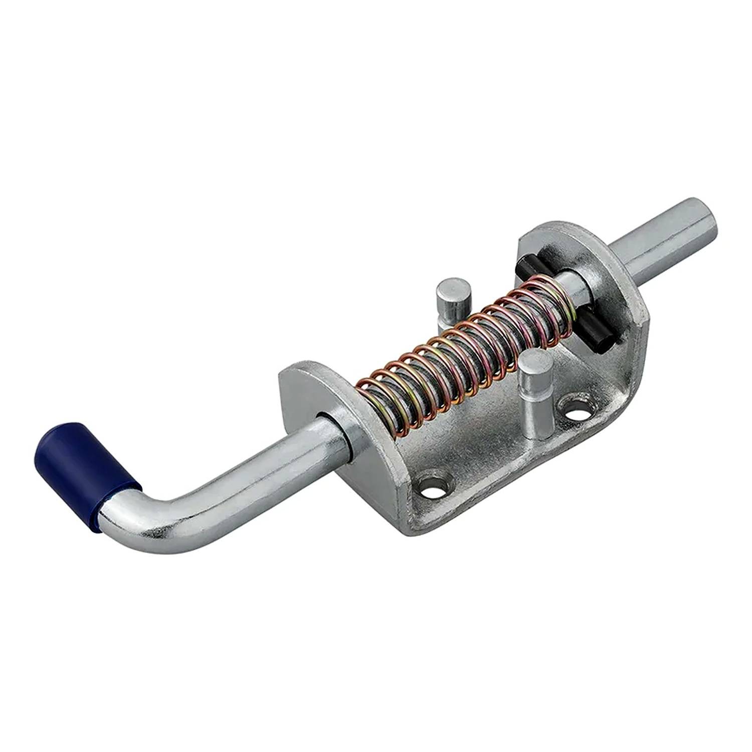 Ein Metalltürriegelbolzen mit Federmechanismus, ausgestattet mit einem blauen Kunststoffgriff an einem Ende, der zum Sichern von Türen oder Toren verwendet wird.