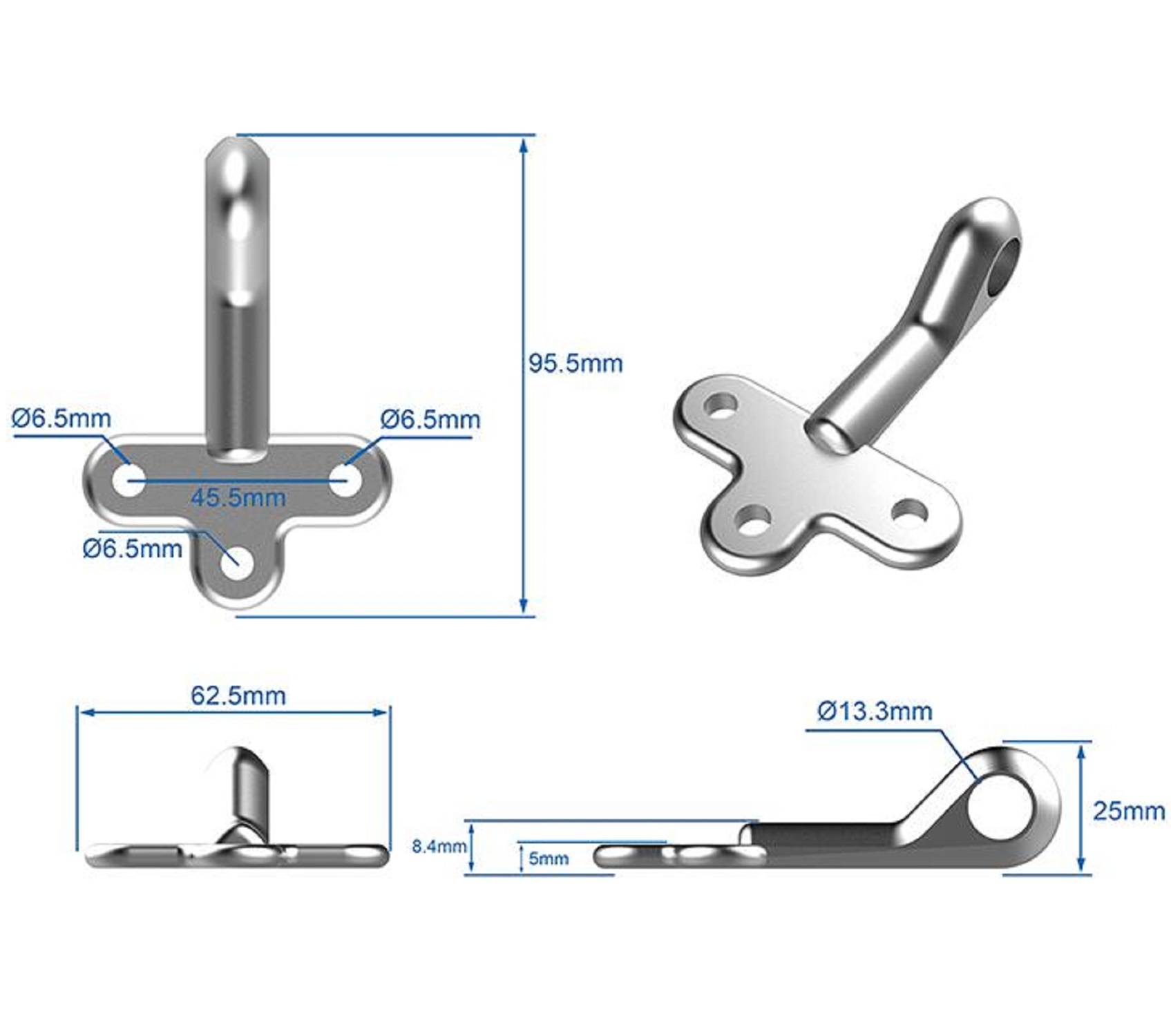 Eine technische Zeichnung eines Metallhalters mit Abmessungen: Höhe 95,5 mm, Breite 45,5 mm, Plattendicke 6,5 mm, Lochdurchmesser 6,5 mm und 13,3 mm.