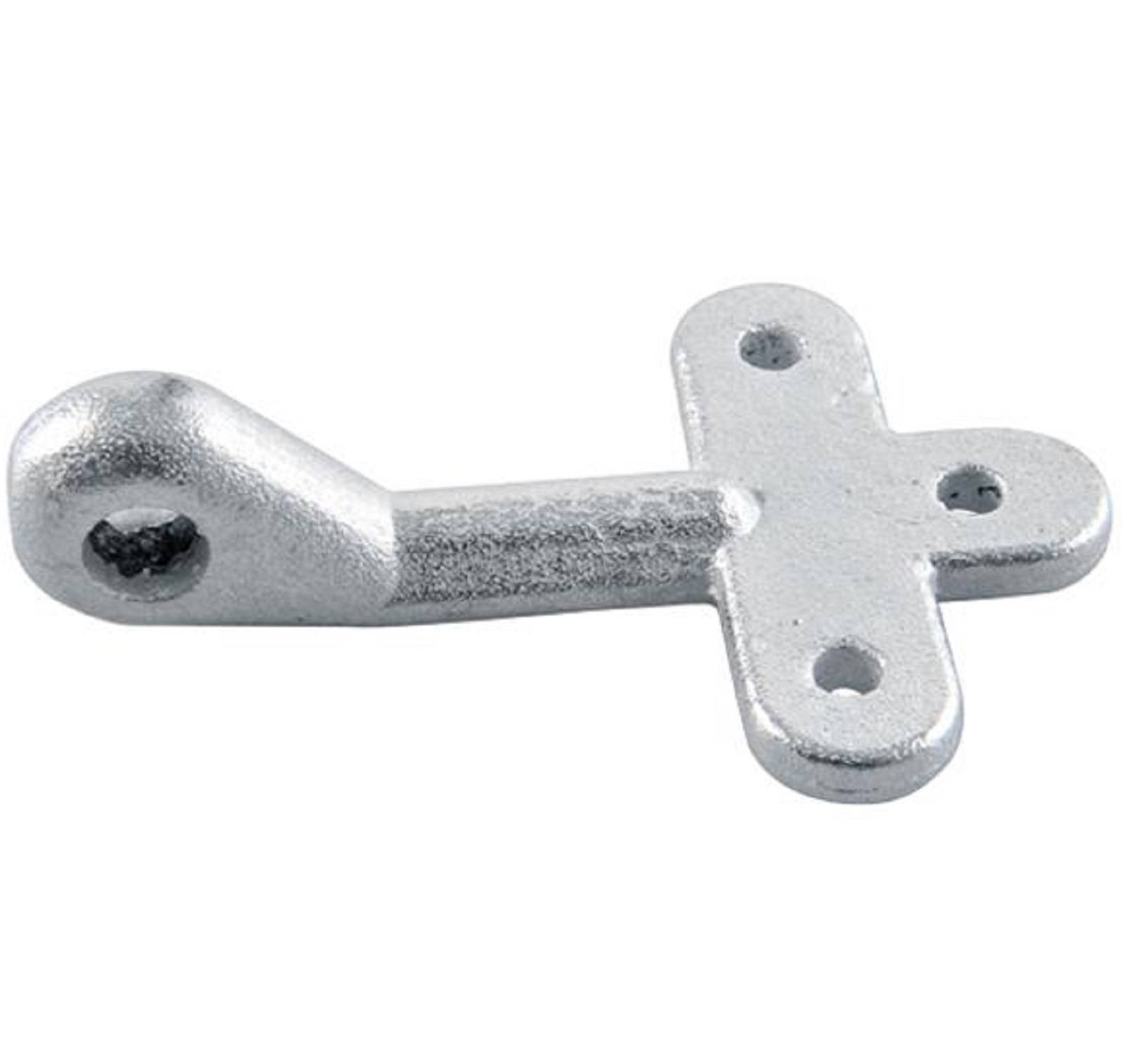 Ein metallischer Scharnierstift mit vier Bohrlöchern, der für eine sichere Befestigung konzipiert ist und typischerweise im Bau- oder Möbelmontagewesen verwendet wird.