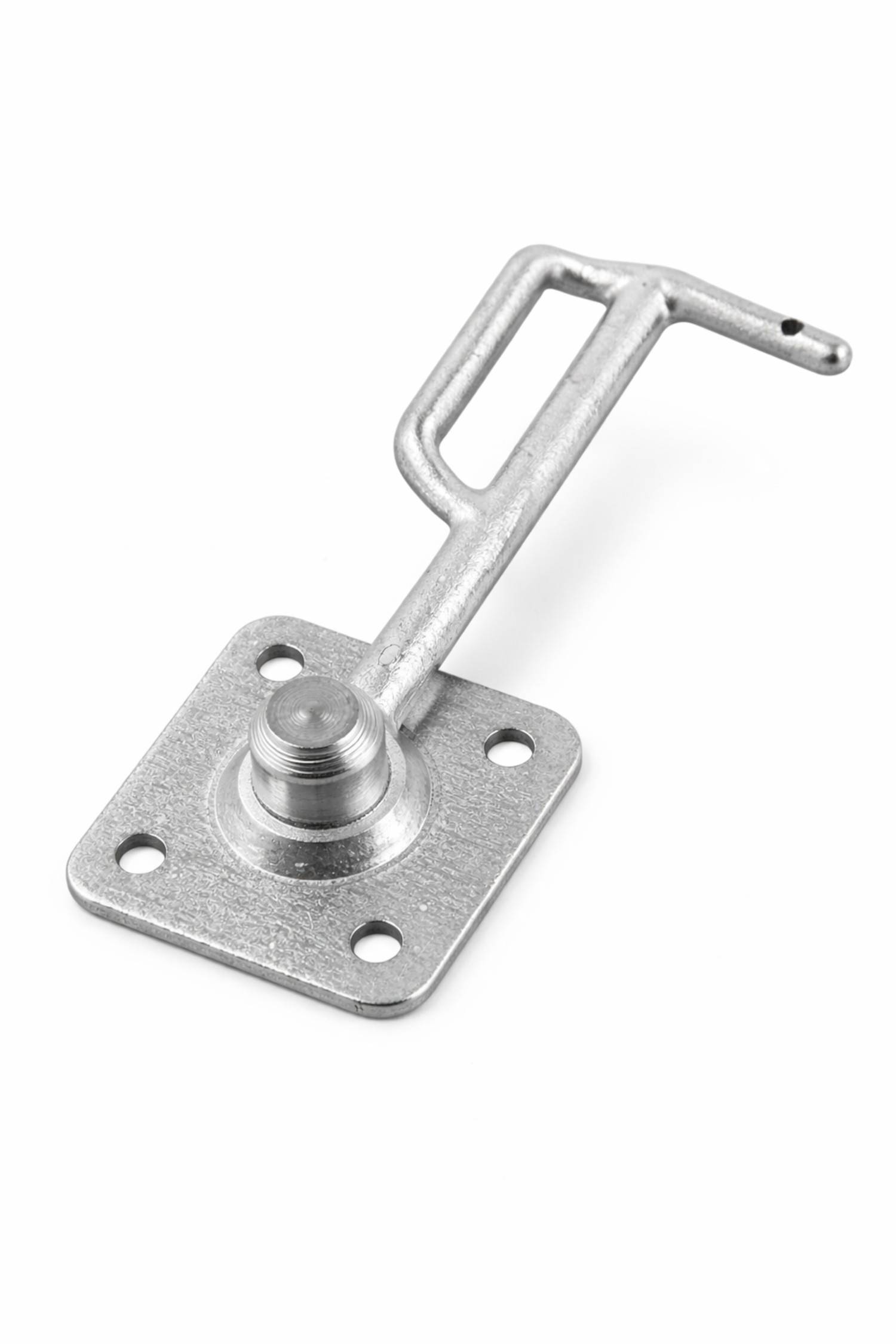 Ein Metallriegel-Mechanismus mit rechteckiger Grundfläche und einem Griff, ausgestattet mit vier Befestigungslöchern zur Montage.