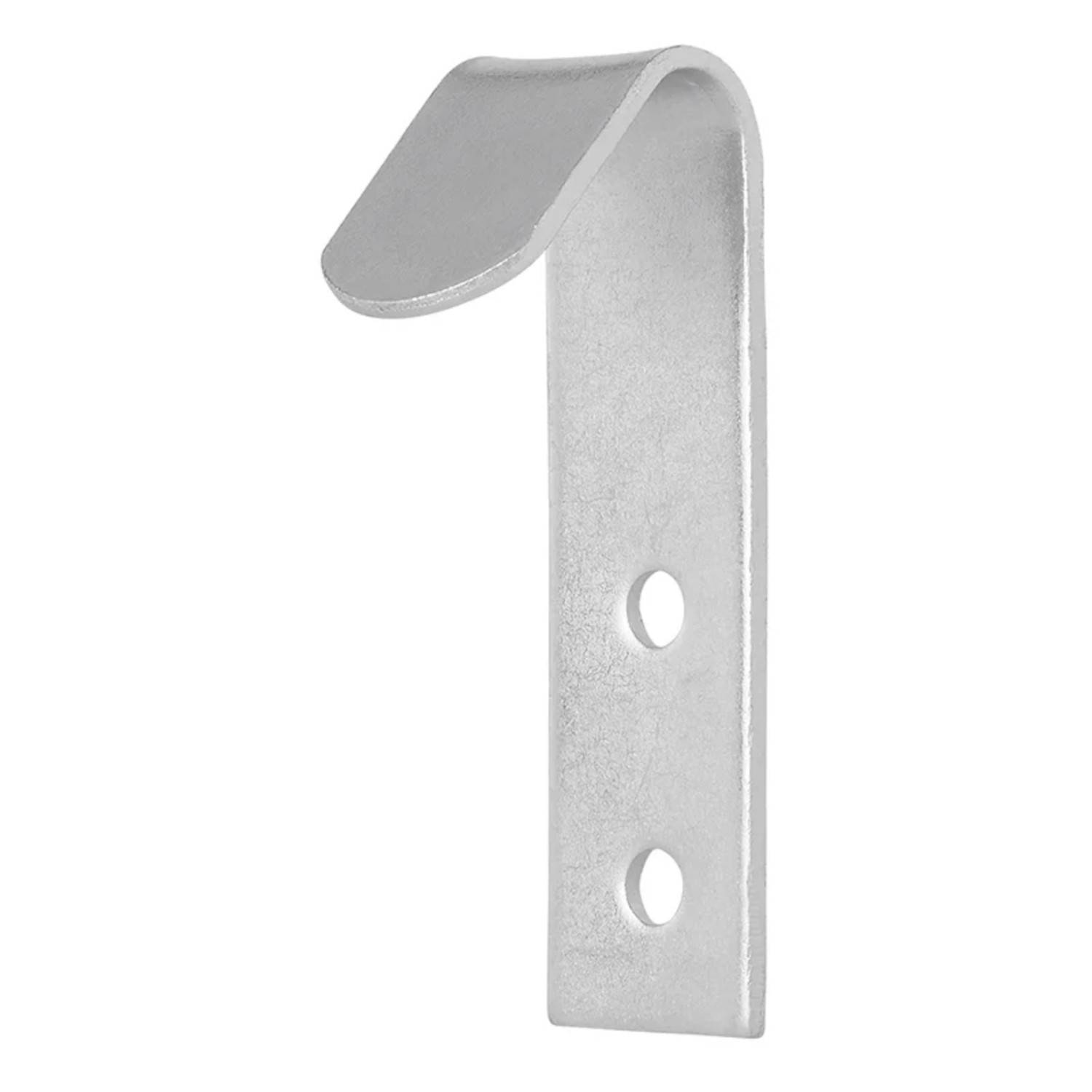 Metallwandhaken mit zwei Löchern für Schrauben, versehen mit einem gekrümmten Ende zum Aufhängen von Gegenständen.