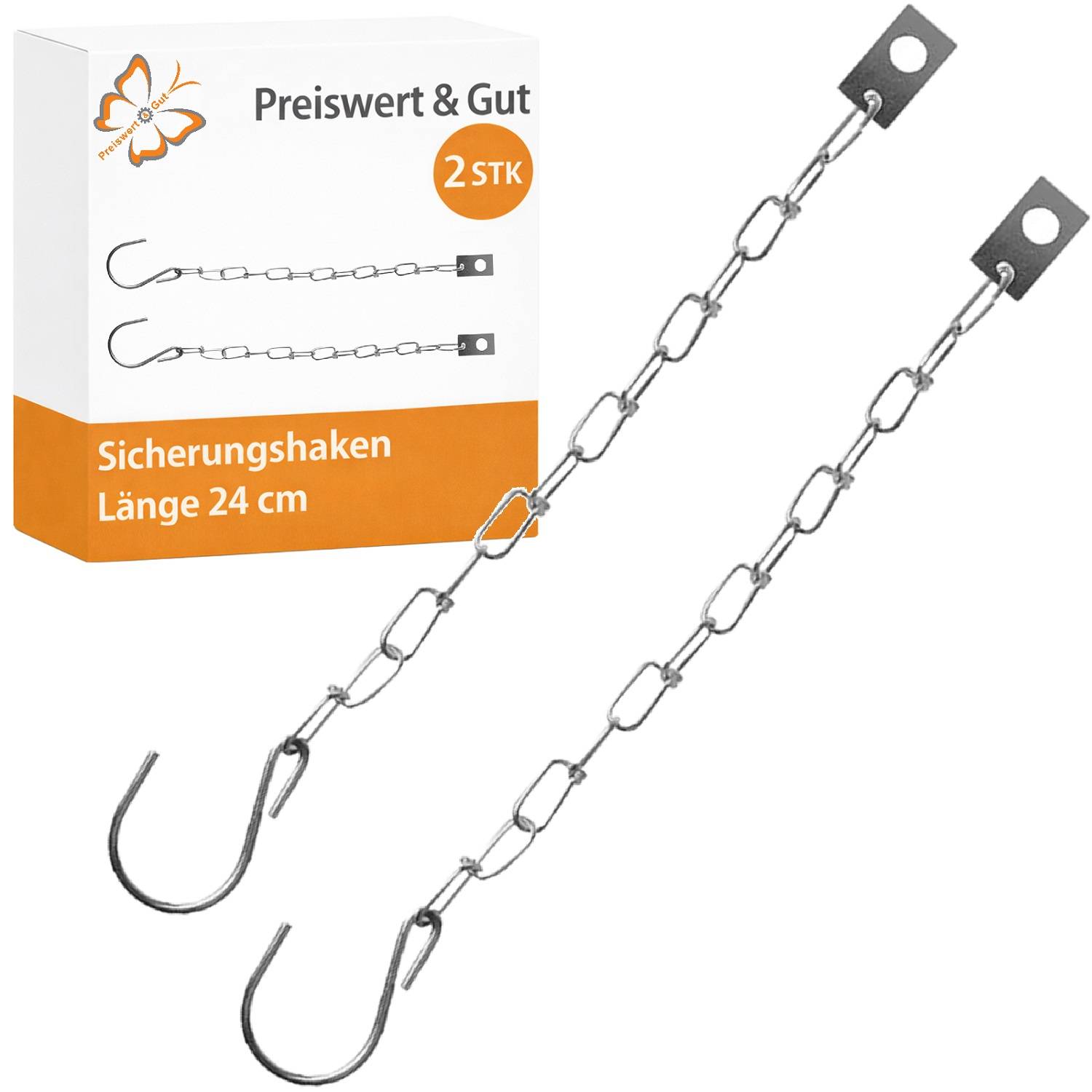 Zwei 24 cm Sicherheitshaken mit Ketten, gezeigt mit Verpackung mit der Aufschrift „Preiswert & Gut