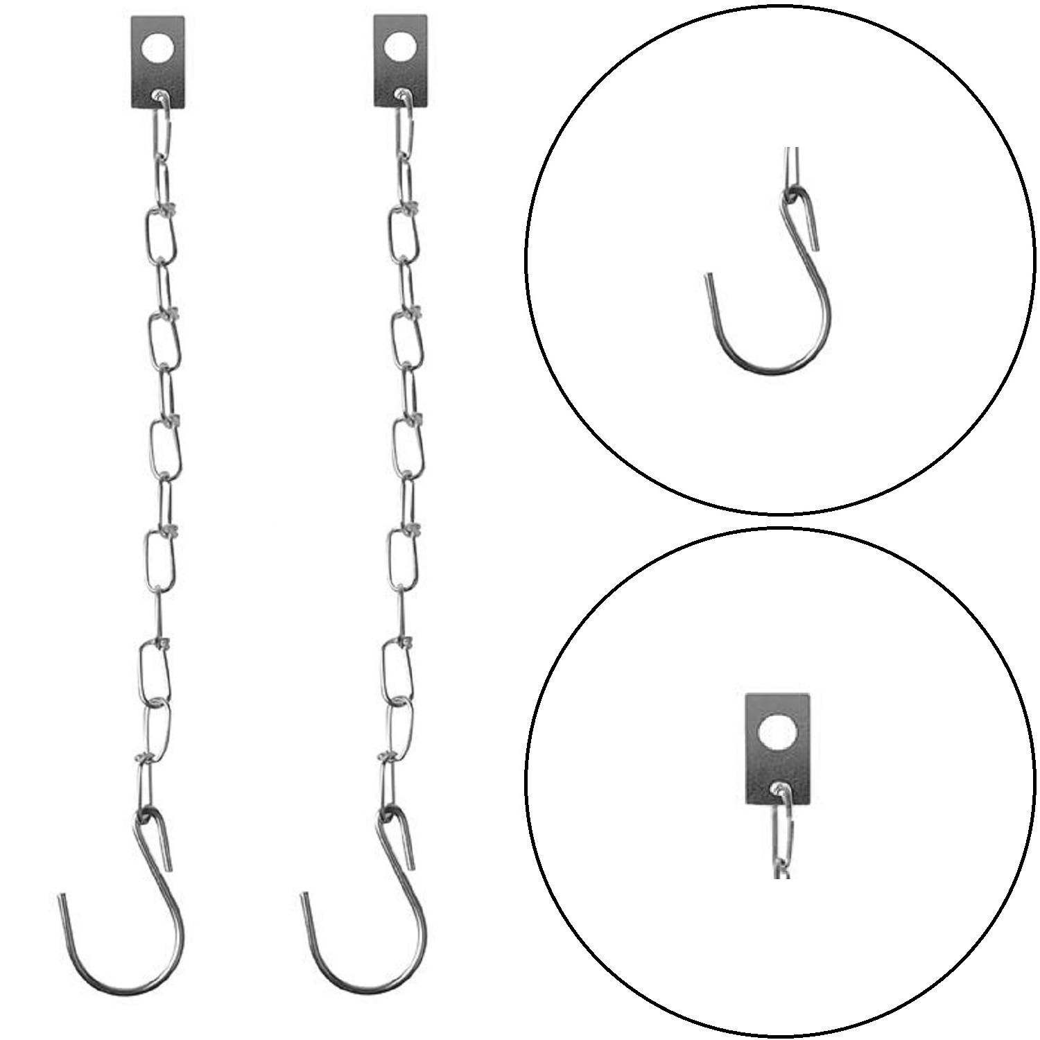 Zwei Metall-S-Haken mit befestigten Ketten hängen vertikal links; rechts zeigen Nahaufnahmen der Kreisbilder einen einzelnen Haken und einen Befestigungspunkt.