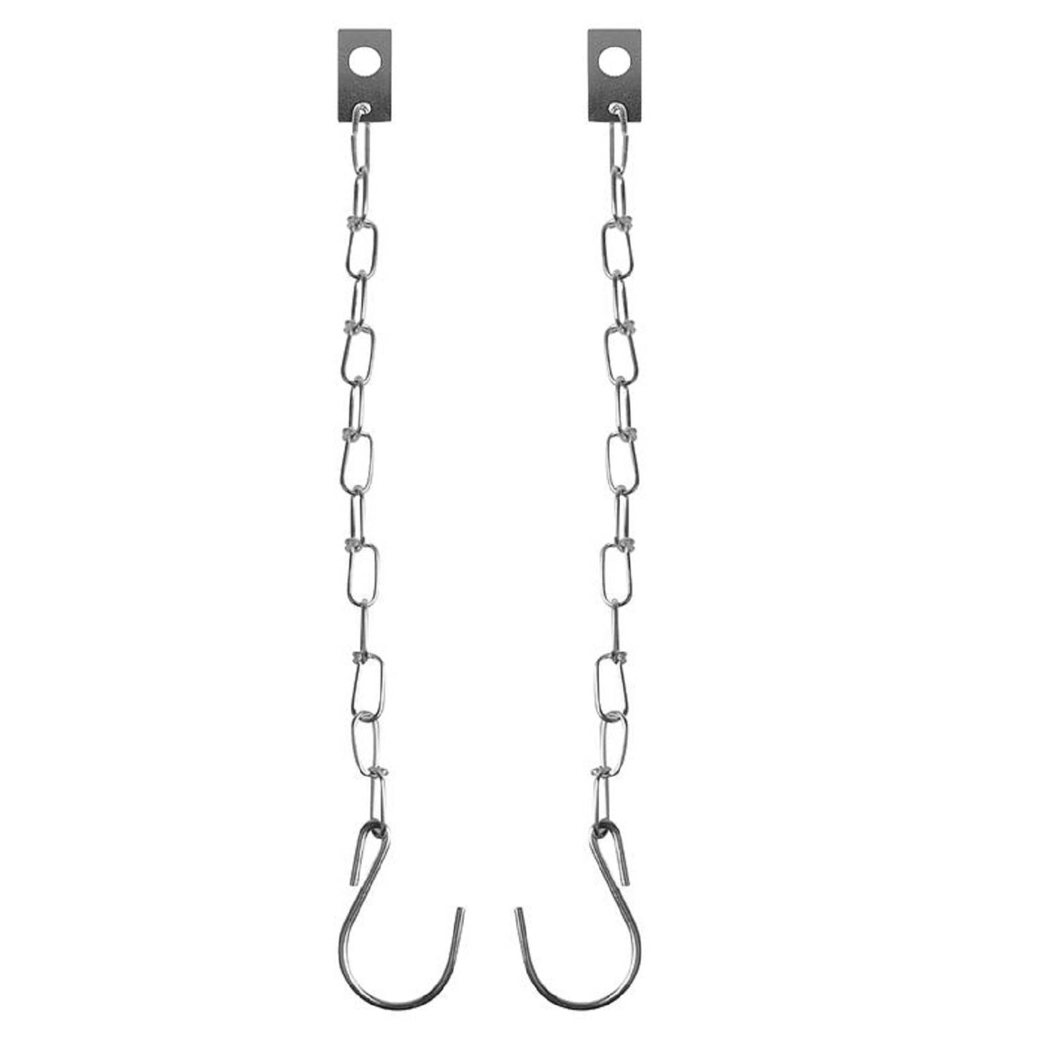 Zwei Metallketten mit Haken am unteren Ende, die vertikal herabhängen. Jede Kette ist oben mit einem rechteckigen Befestigungsbügel verbunden.