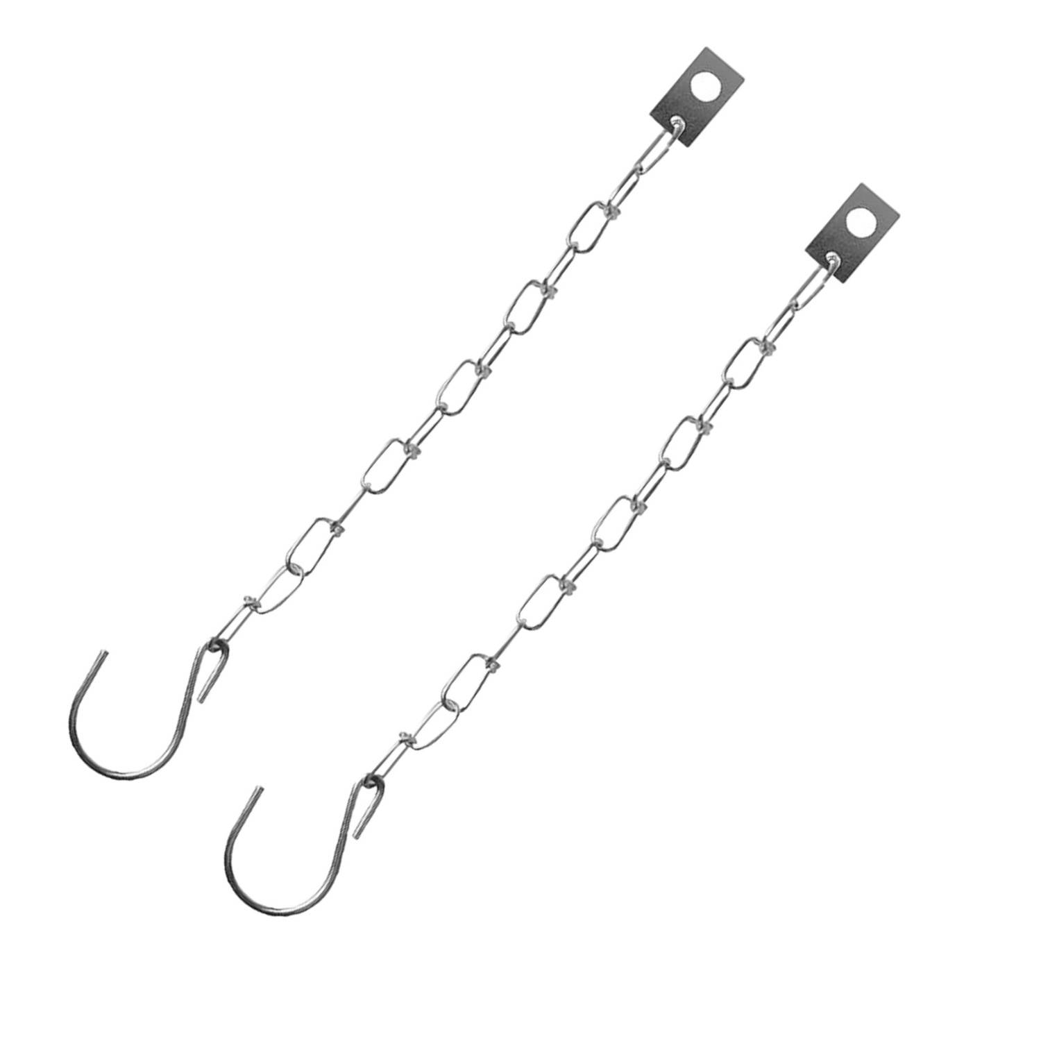 Zwei Metallketten mit Haken und flachen Montageplatten an einem Ende, konzipiert zum Aufhängen oder Sichern von Gegenständen.