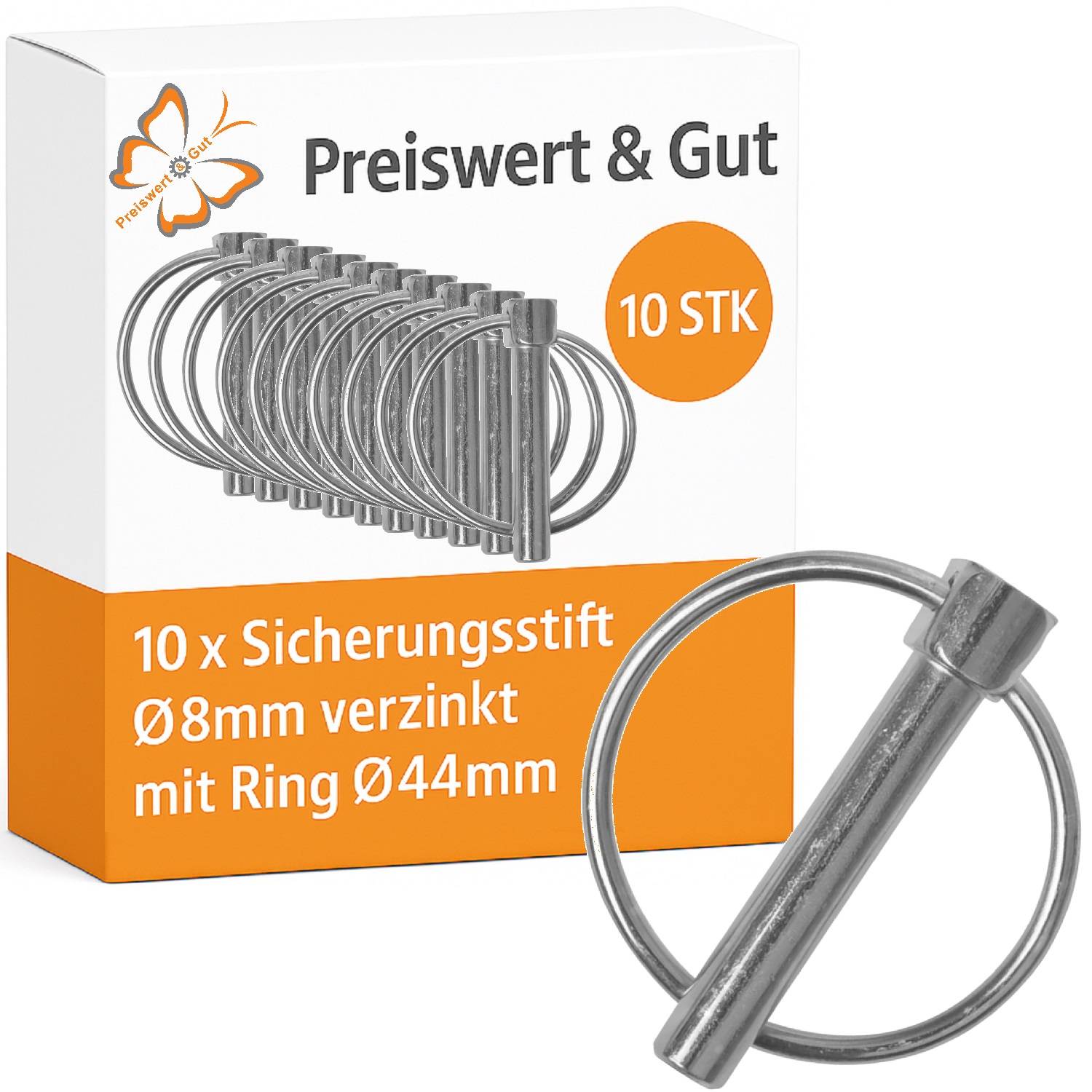 10 x Sicherungsstift Ø8mm verzinkt mit Ring Ø44mm