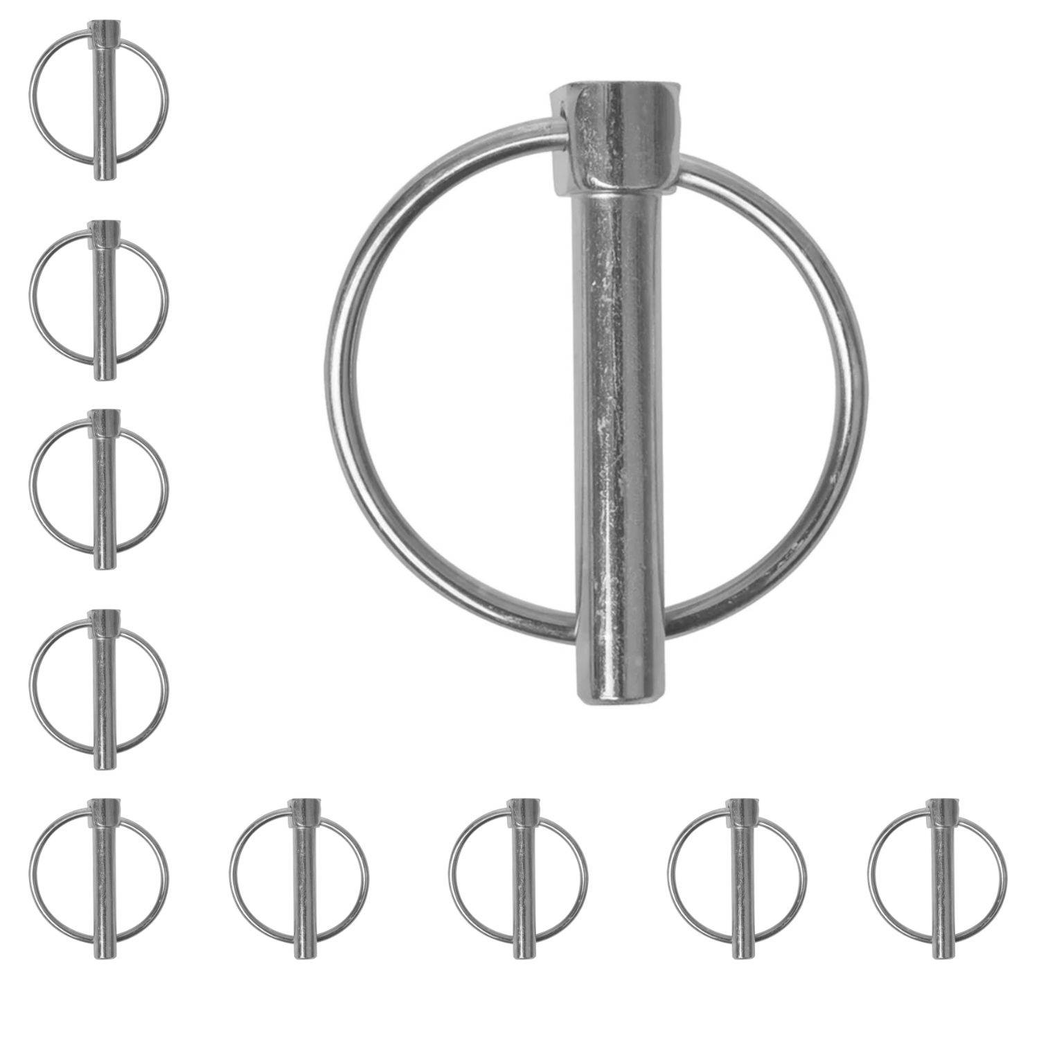 Ein Metallringbolzen, der in einem großen zentralen Bild und acht kleineren umgebenden Bildern gezeigt wird, zum Sichern und Befestigen von Objekten.