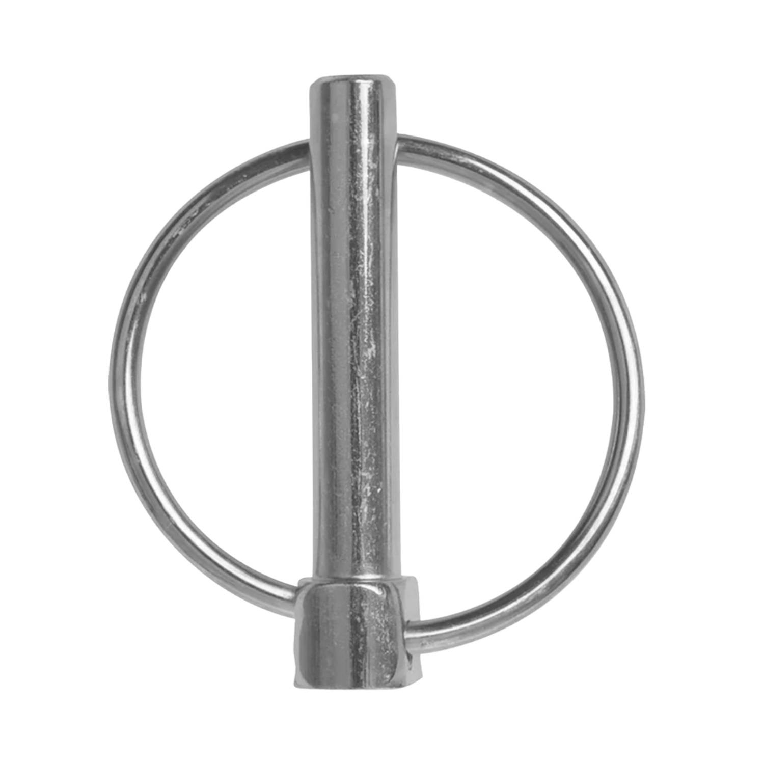 Eine Metallsicherungsbolzen mit einer runden Schlaufe, die dazu dient, Maschinenteile oder Anhänger zu sichern, wird vor einem einfarbigen Hintergrund gezeigt.