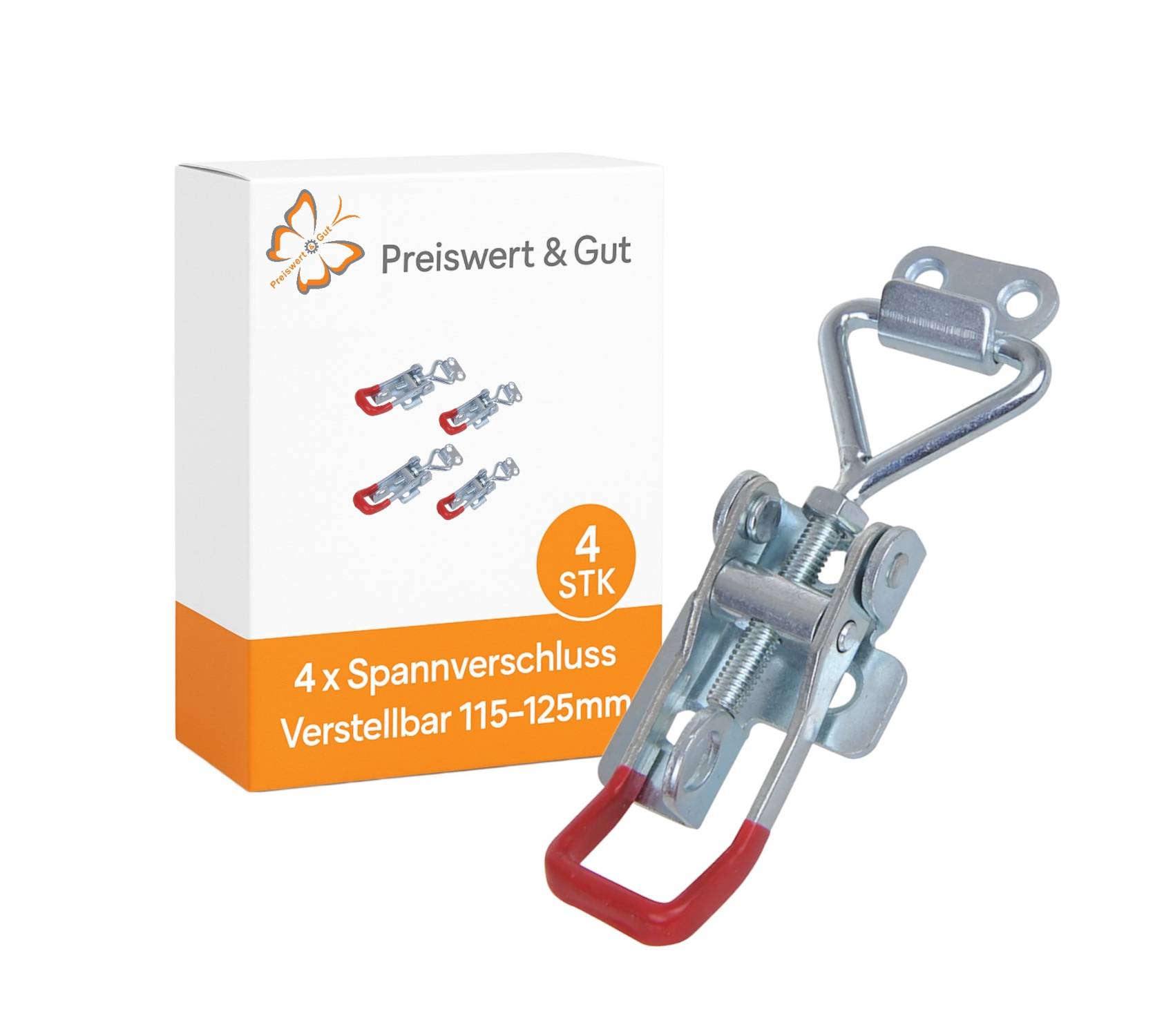 Karton mit der Beschriftung 'Preiswert & Gut' mit einem Bild von vier verstellbaren Spannzwingen in der Größe 115-125 mm und einer Metallklemme neben dem Karton.