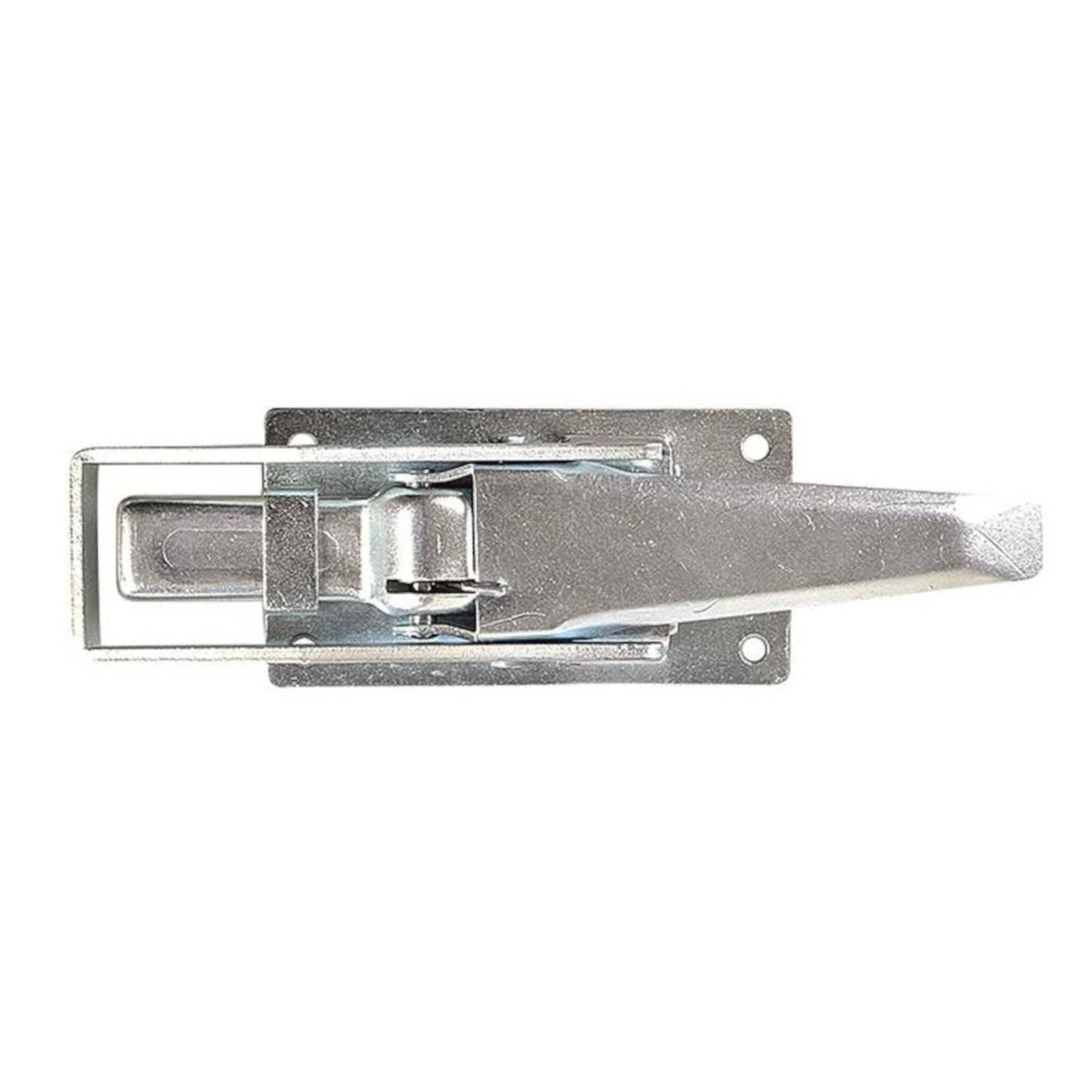 Ein Metallkamm-Verschluss mit rechteckiger Grundfläche und langem Hebelarm, verwendet zum Sichern von Türen oder Paneelen, von oben betrachtet.