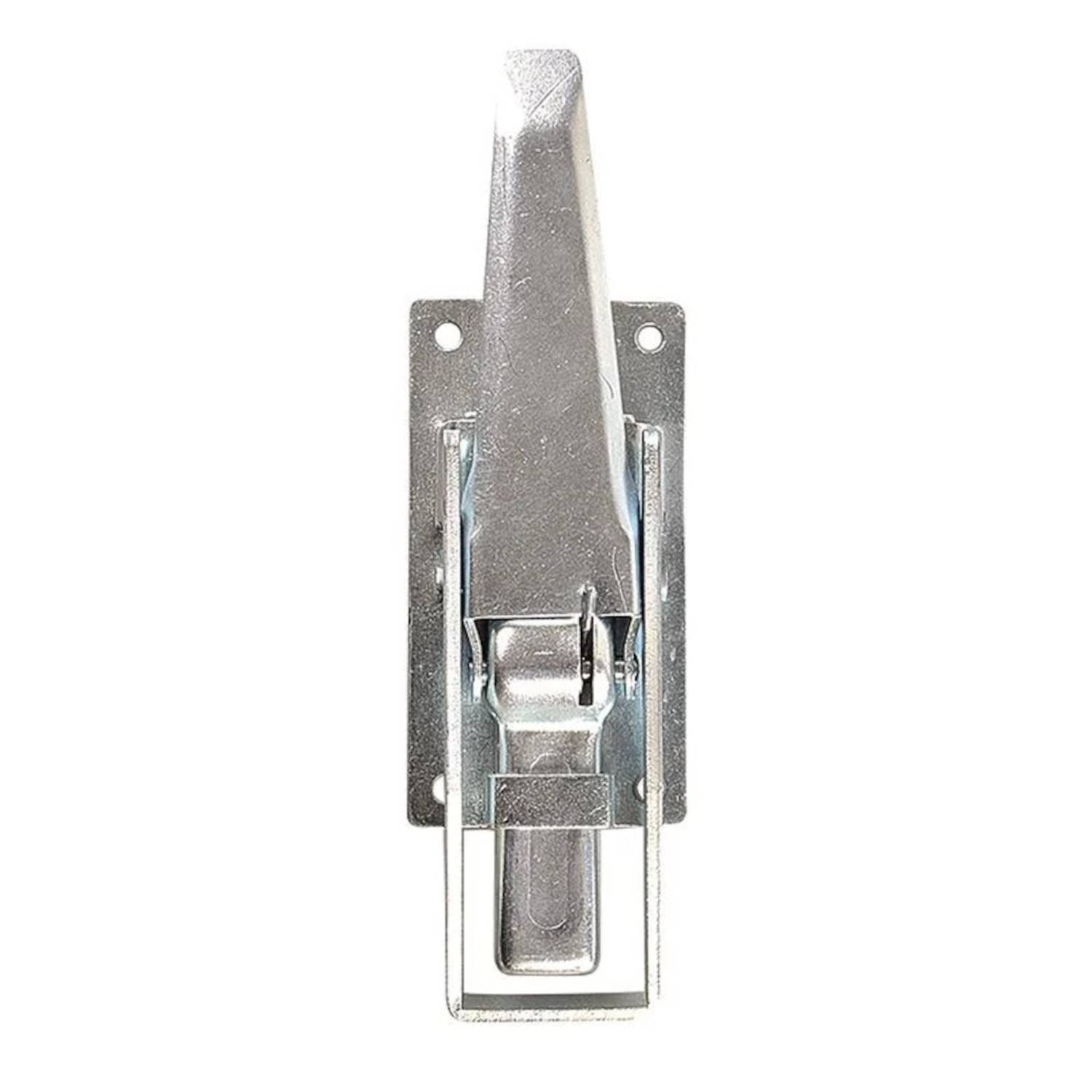 Eine silberfarbene Metalltoggleklemme, die zum Sichern von Objekten entwickelt wurde. Die Klemme verfügt über einen Hebelmechanismus und Befestigungslöcher.