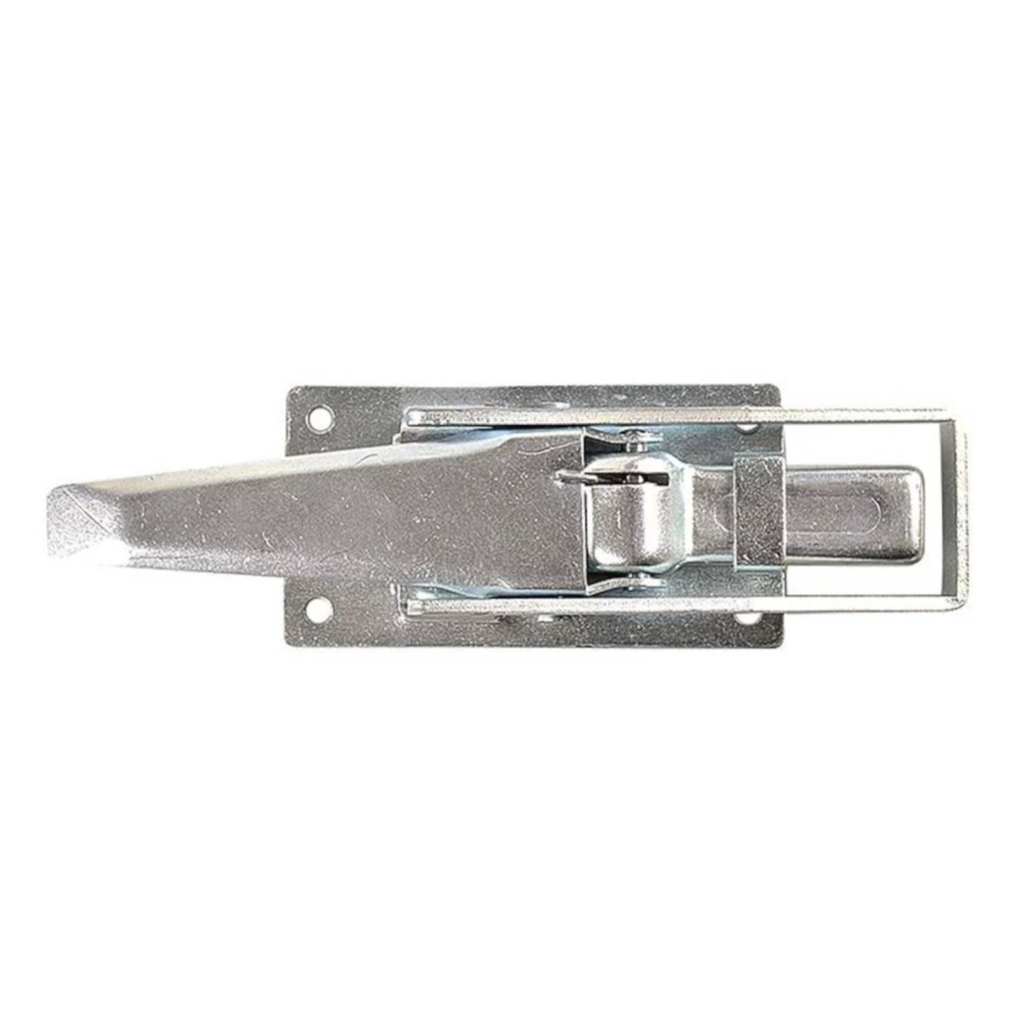 Eine silberne Metalltriebriegel-Klinke mit Hebelgriff, montiert auf einer rechteckigen Platte mit Schraubenlöchern, von oben betrachtet.