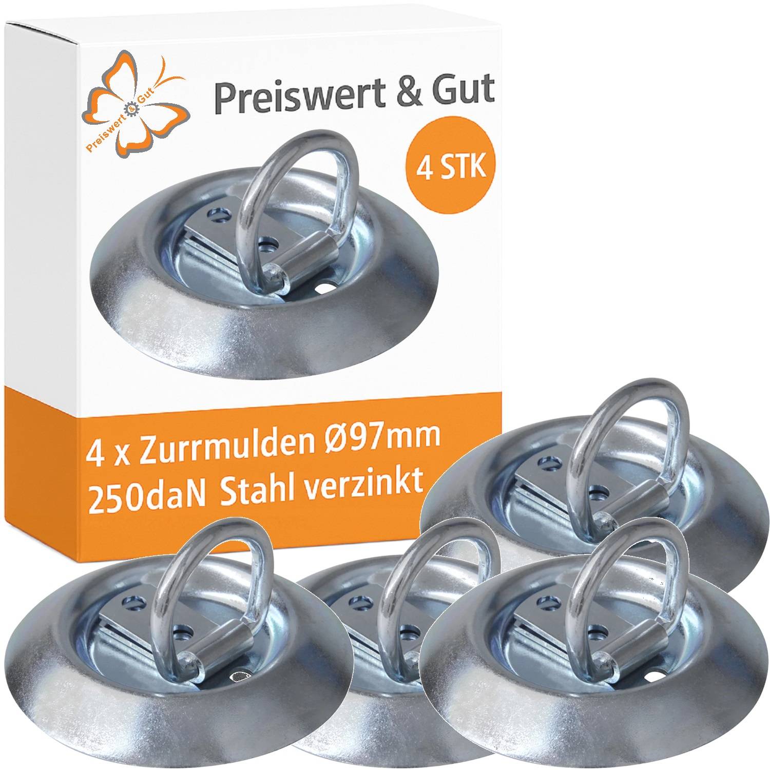 Vier metallische Befestigungsösen mit Ringen, ungefähr 97mm im Durchmesser, neben einer Verpackung platziert, auf der steht 
