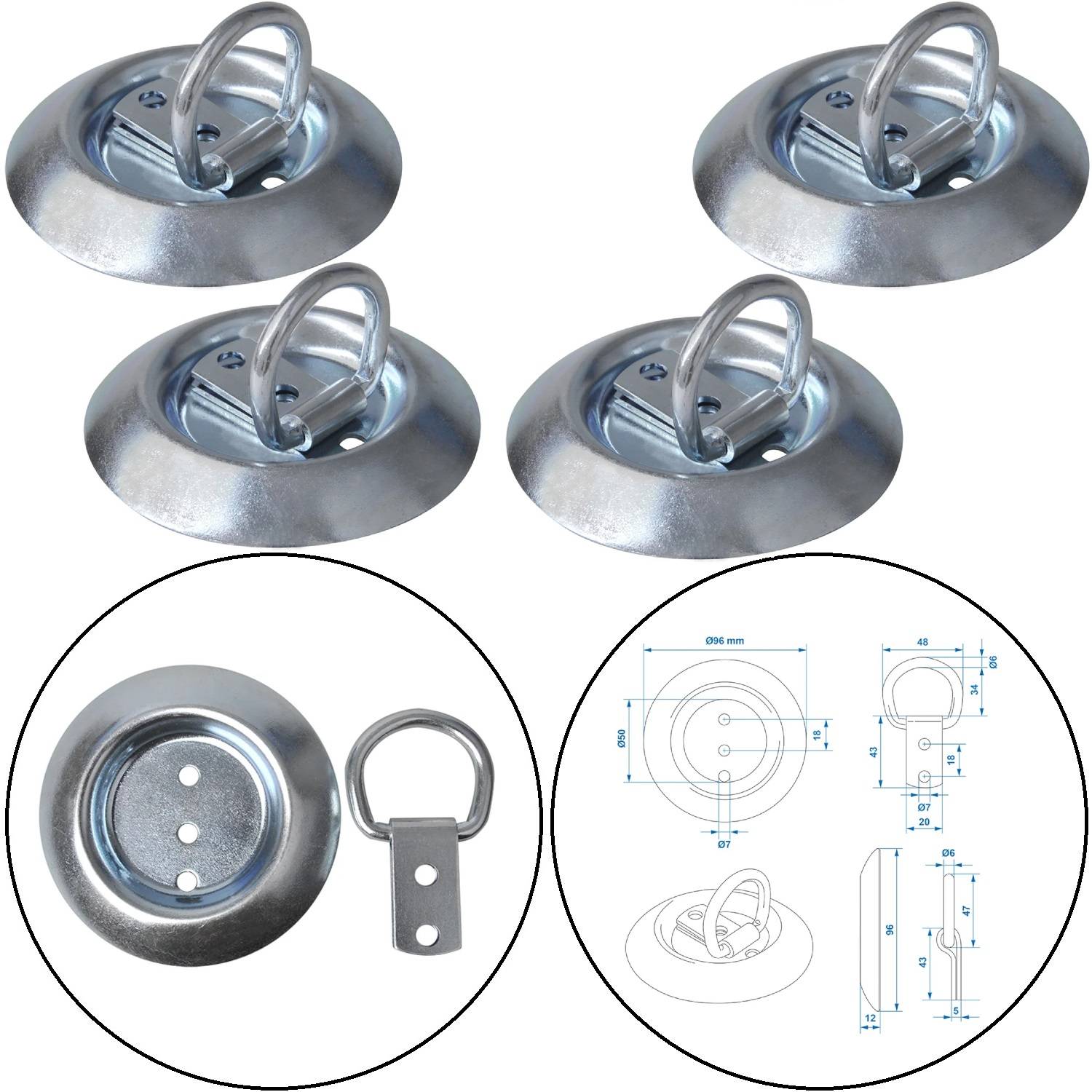 Vier metallische eingelassene D-Ringe aus einem Winkel gezeigt, plus eine Detailaufnahme eines einzelnen Rings und technische Zeichnungen mit Maßangaben zur Installation.