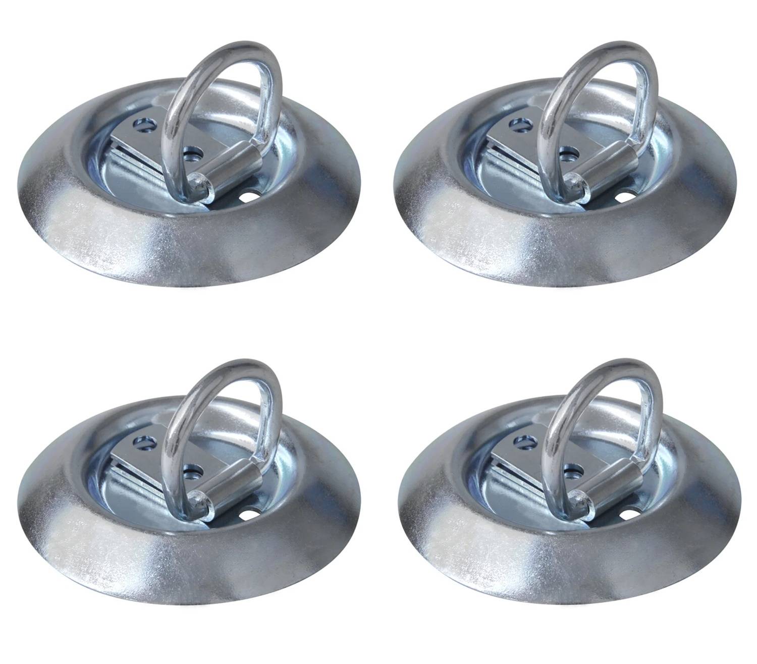 Vier metallene, eingelassene Befestigungsösen, die in einem Raster angeordnet sind, jede mit einer kreisförmigen Basis und einer beweglichen Schlaufe zum Sichern von Ladung.