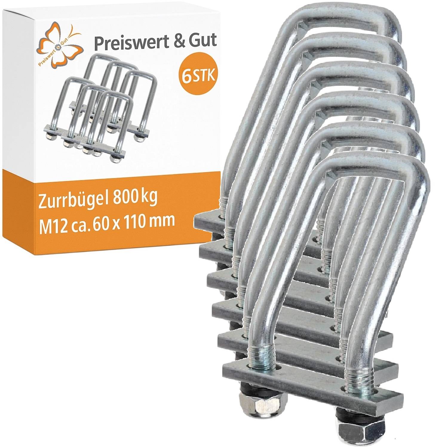 Packung mit 6 M12 U-Bolzen, 800 kg Tragfähigkeit, 60x110mm, Marke Preiswert & Gut.