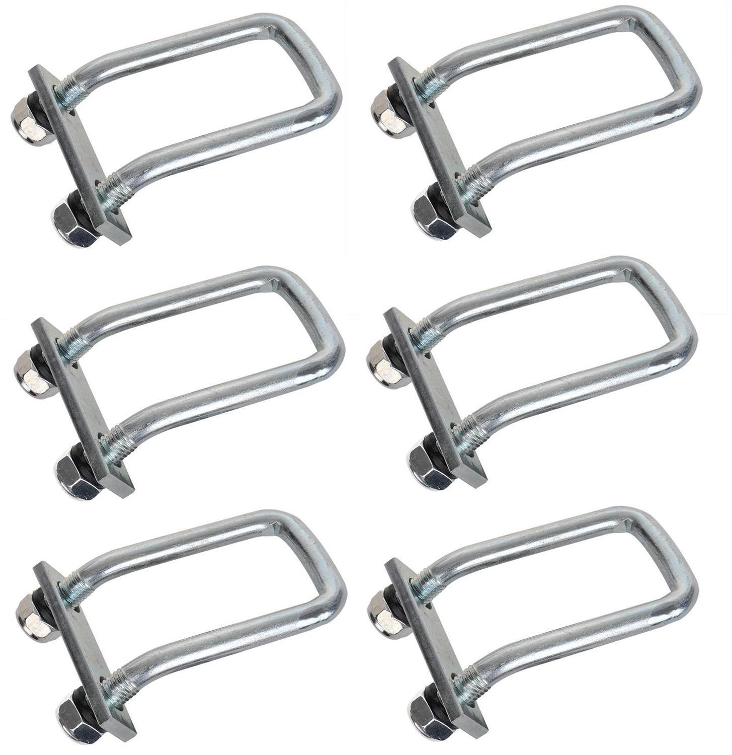 Sechs U-Bolzen, angeordnet in zwei Reihen. Jeder U-Bolzen hat zwei Muttern und ist aus Metall gefertigt, mit einer glänzenden, metallischen Oberfläche.