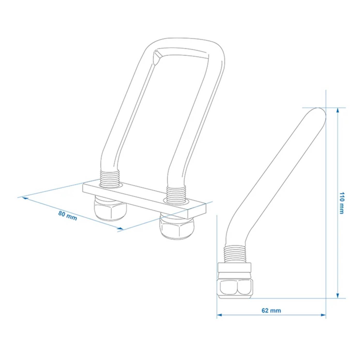 Technische Zeichnung eines U-Bolzens mit Maßen: 80 mm Breite, 62 mm Basis und 110 mm Höhe.