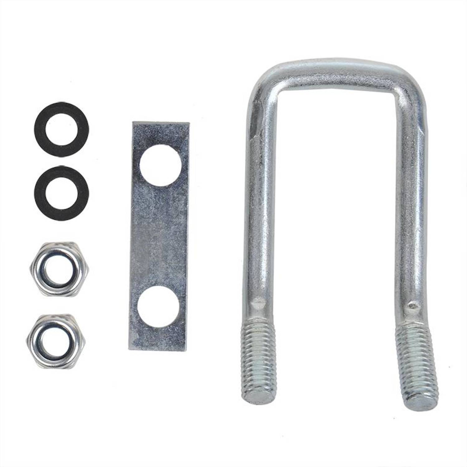 U-Bügel-Set mit Muttern, Unterlegscheiben und Metallplatte, auf weißem Hintergrund angeordnet; Befestigungskomponenten zum Sichern runder Objekte.