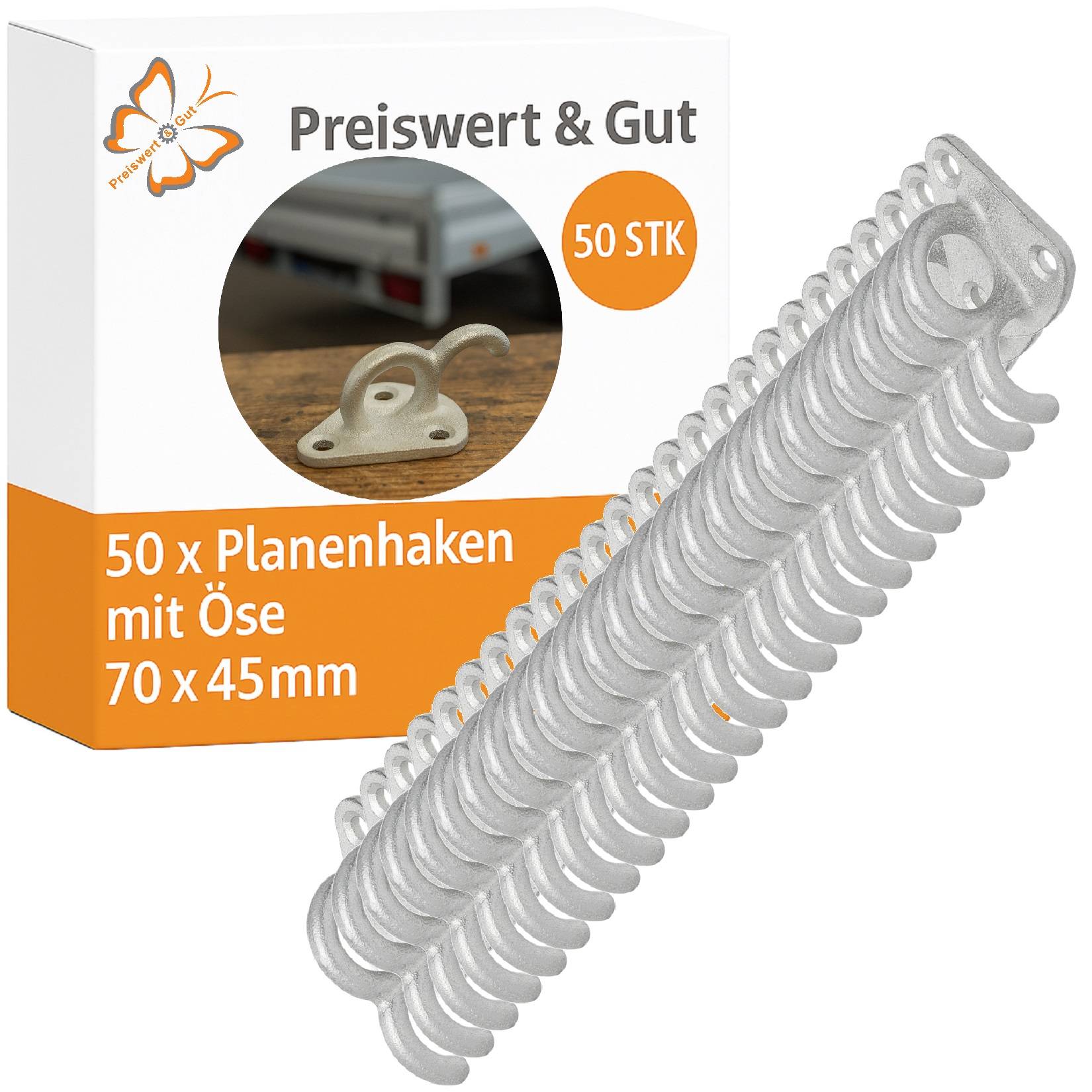 Eine Schachtel mit der Aufschrift 'Preiswert & Gut', die 50 Metallhaken mit Ösen enthält, wobei jeder Haken 70 x 45mm misst. Die Haken sind in einer gestapelten Ansicht angeordnet.