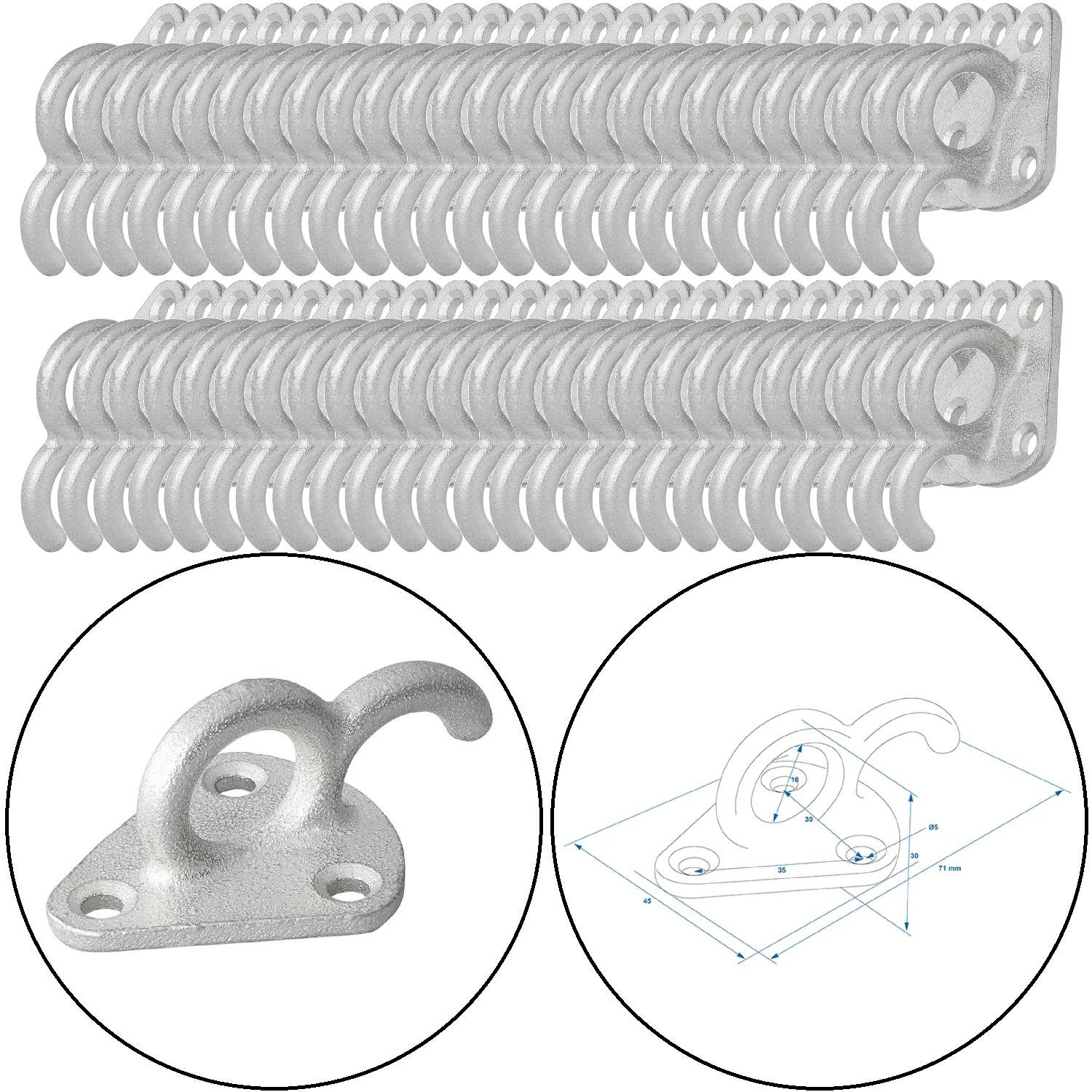 Ein Satz von zwei weißen Festmacherklampen, jeweils mit einer doppelten Bohrung zur Befestigung von Seilen. Unten befindet sich eine Skizze und eine Nahaufnahme einer Klampe.