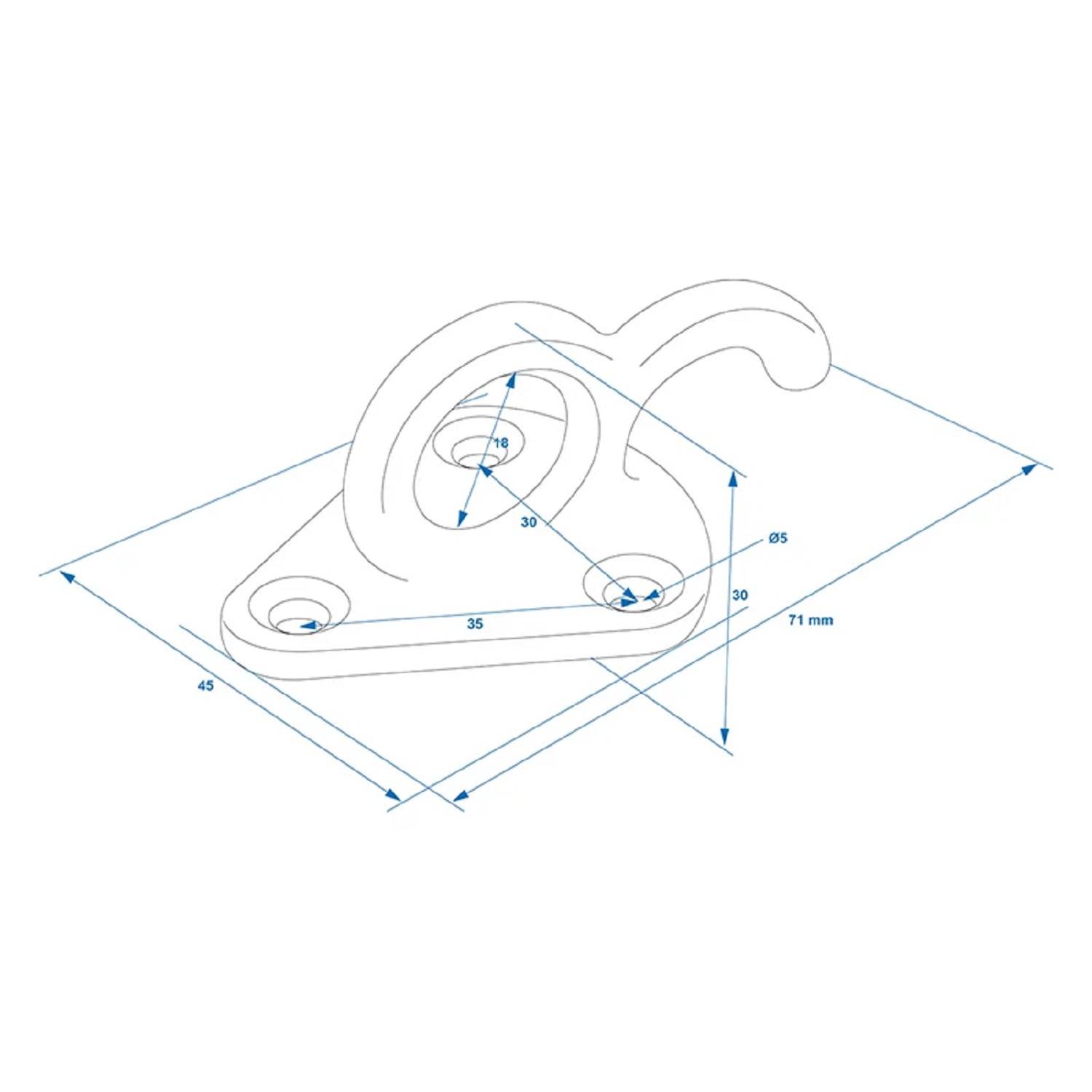 Eine technische Zeichnung einer Metallhalterung mit drei Bohrlöchern. Abmessungen sind in Millimetern beschriftet: 45x83, 35 und 71.