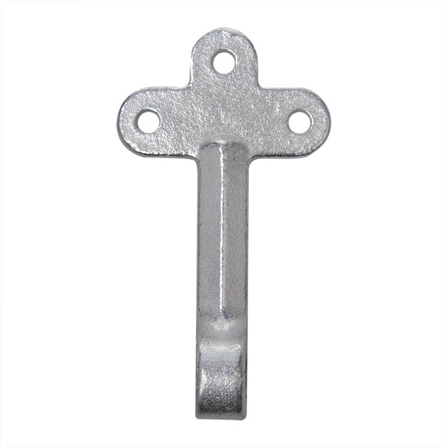 Ein Metallhaken in T-Form mit drei Löchern an der Oberseite, der zum Befestigen oder Aufhängen von Gegenständen an einer Wand verwendet wird.